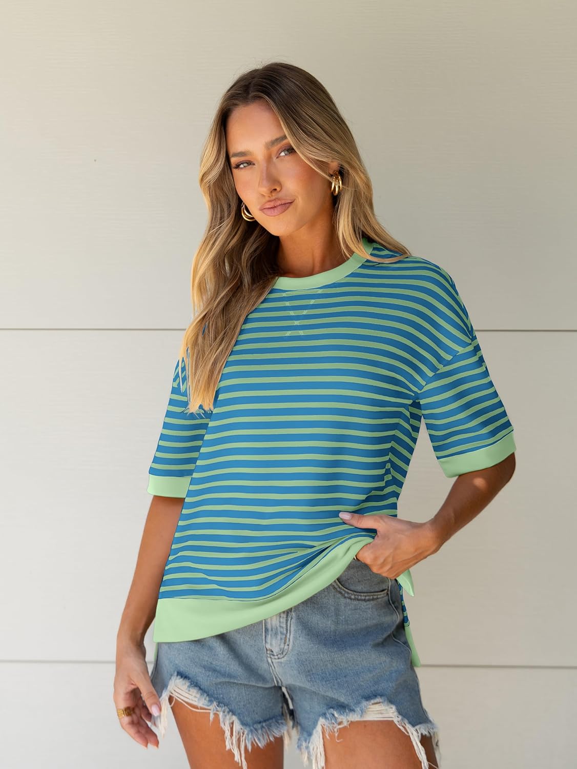 Glamaker Short Sleeve Lightweight Sweatshirt for Women Crewneck Striped Shirt Pullover Tops Loose Blouses - Image 6