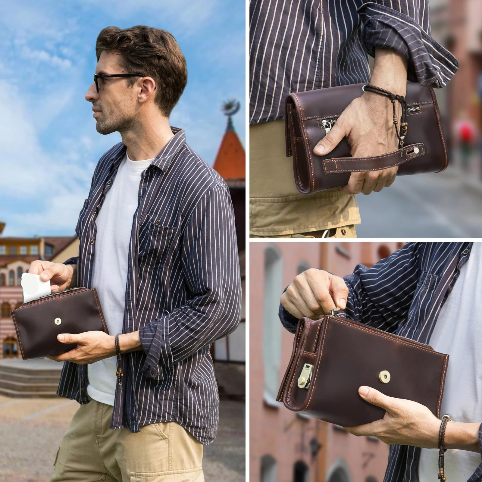 Pochette in pelle di vacchetta for uomo Portafoglio in pelle con design con blocco password Borsa lunga Borsa da viaggio di grande capacità