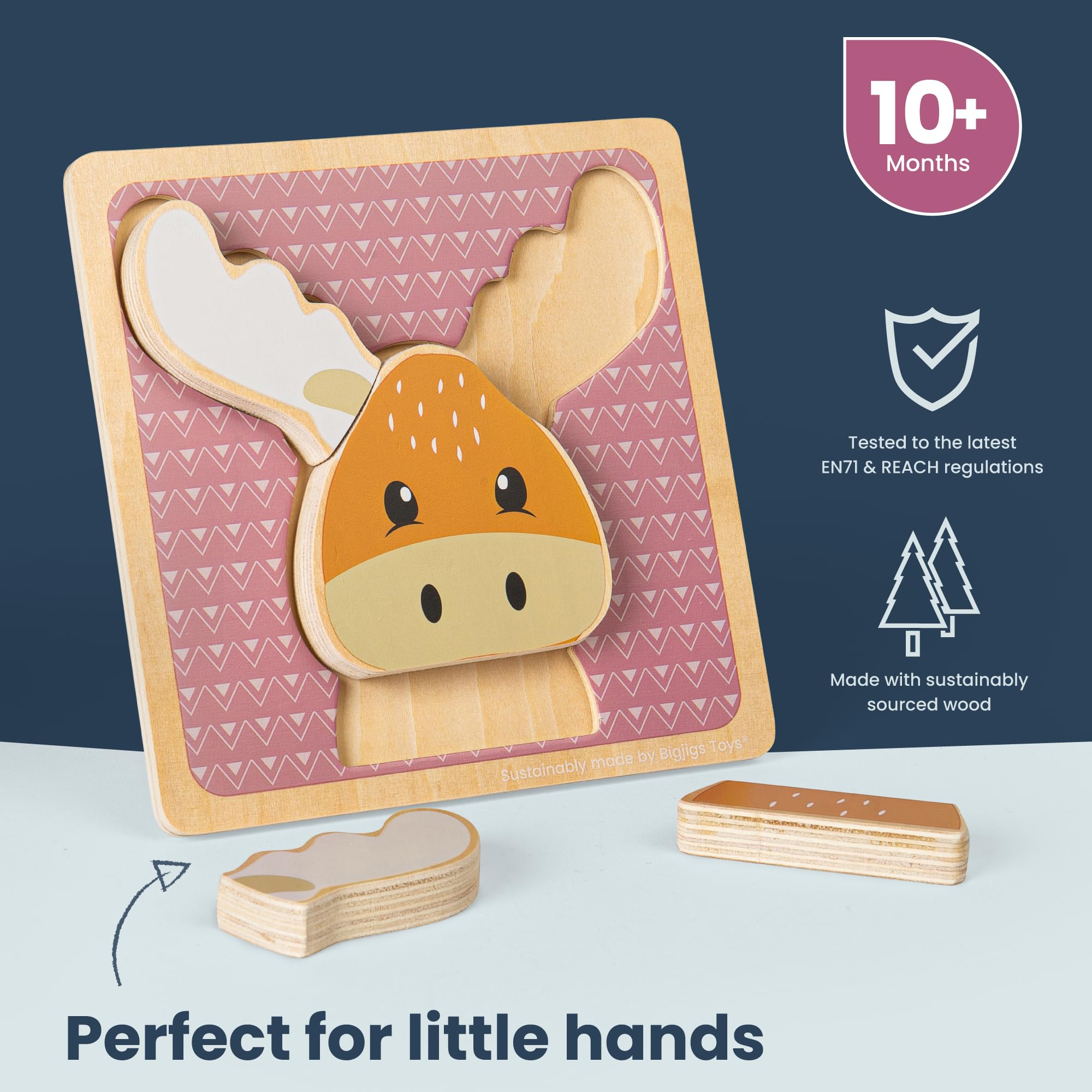 Bigjigs Toys Reindeer Chunky Puzzle, 4 Piece Wooden Animal Jigsaw with Tray, Fun Educational Shape Puzzles - Image 3