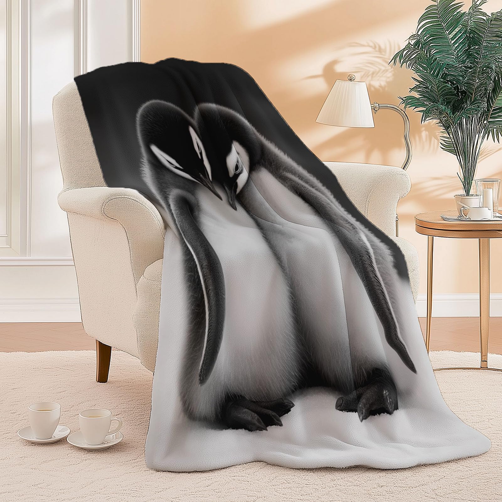 Fleece Kuscheldecke 150 x 200 cm, Tier Süß Kleiner Pinguin Muster Warm Plüsch Wohndecke für Jungen Mädchen Erwachsene Teenager - Grau Schwarz Weich Flanell Decke für Sofa Sessel Bett Reisen Büro
