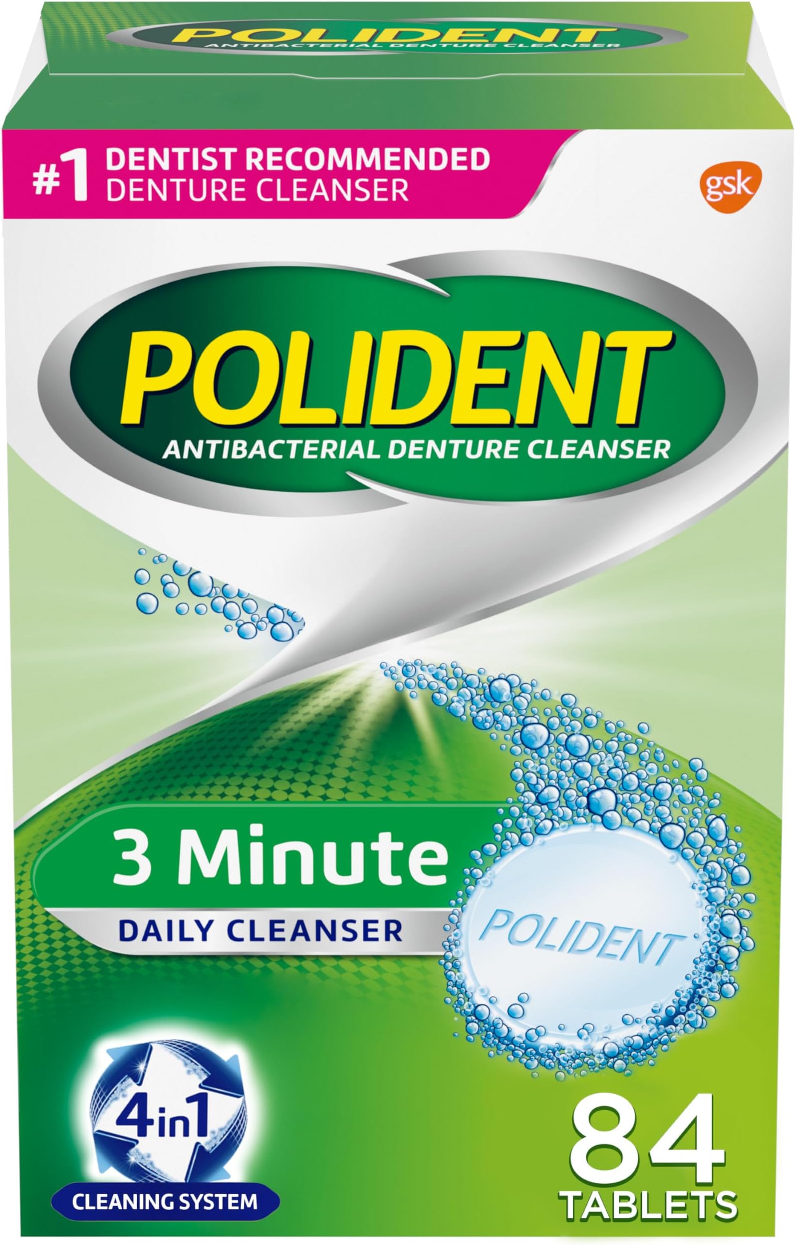 3 Minute Triple Mint Antibacterial Denture Cleanser Effervescent Tablets, 84 count(pack of 3)