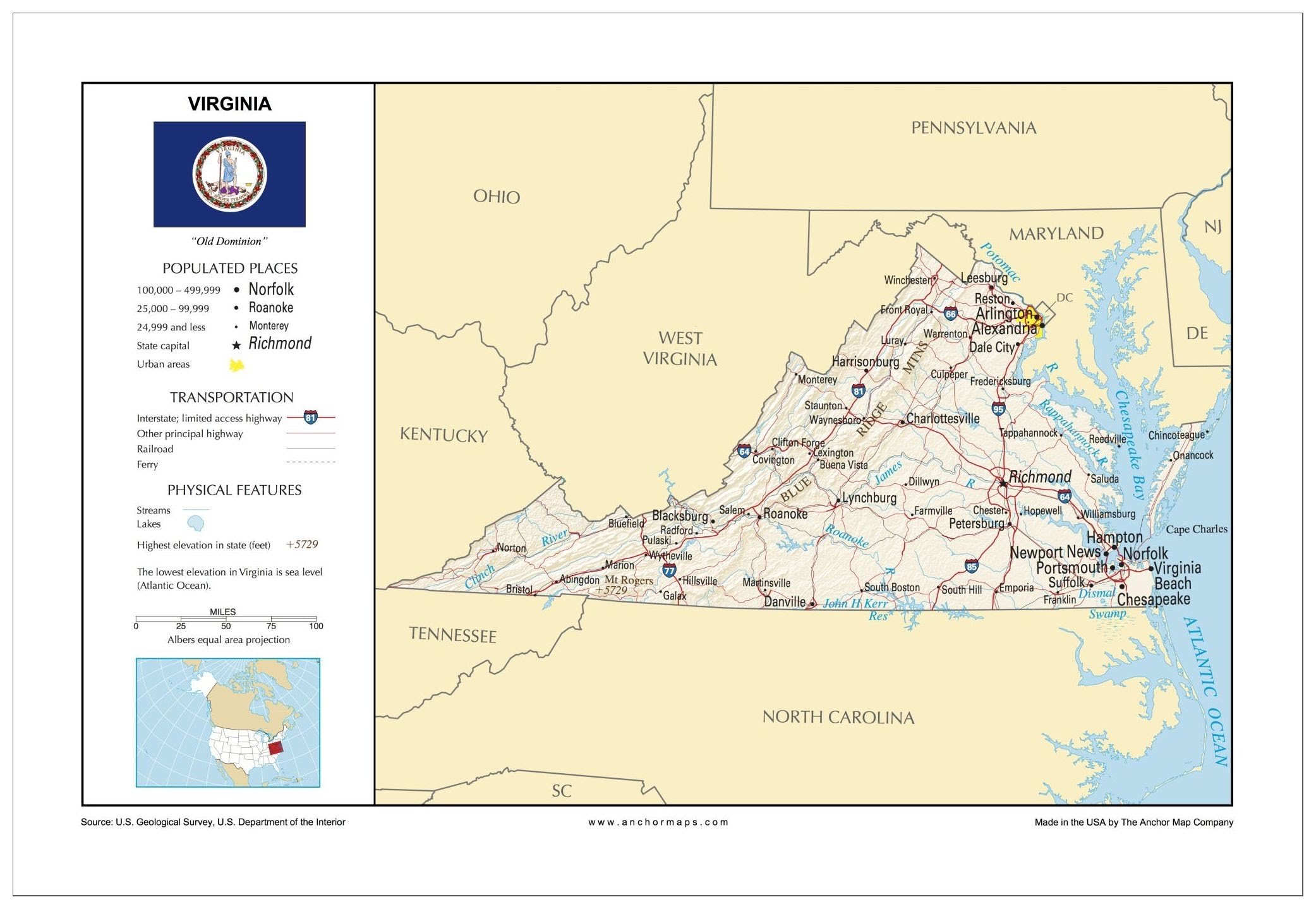 13x19 Virginia General Reference Wall Map - Anchor Maps USA Foundational Series - Cities, Roads, Physical Features, and Topography [Rolled]