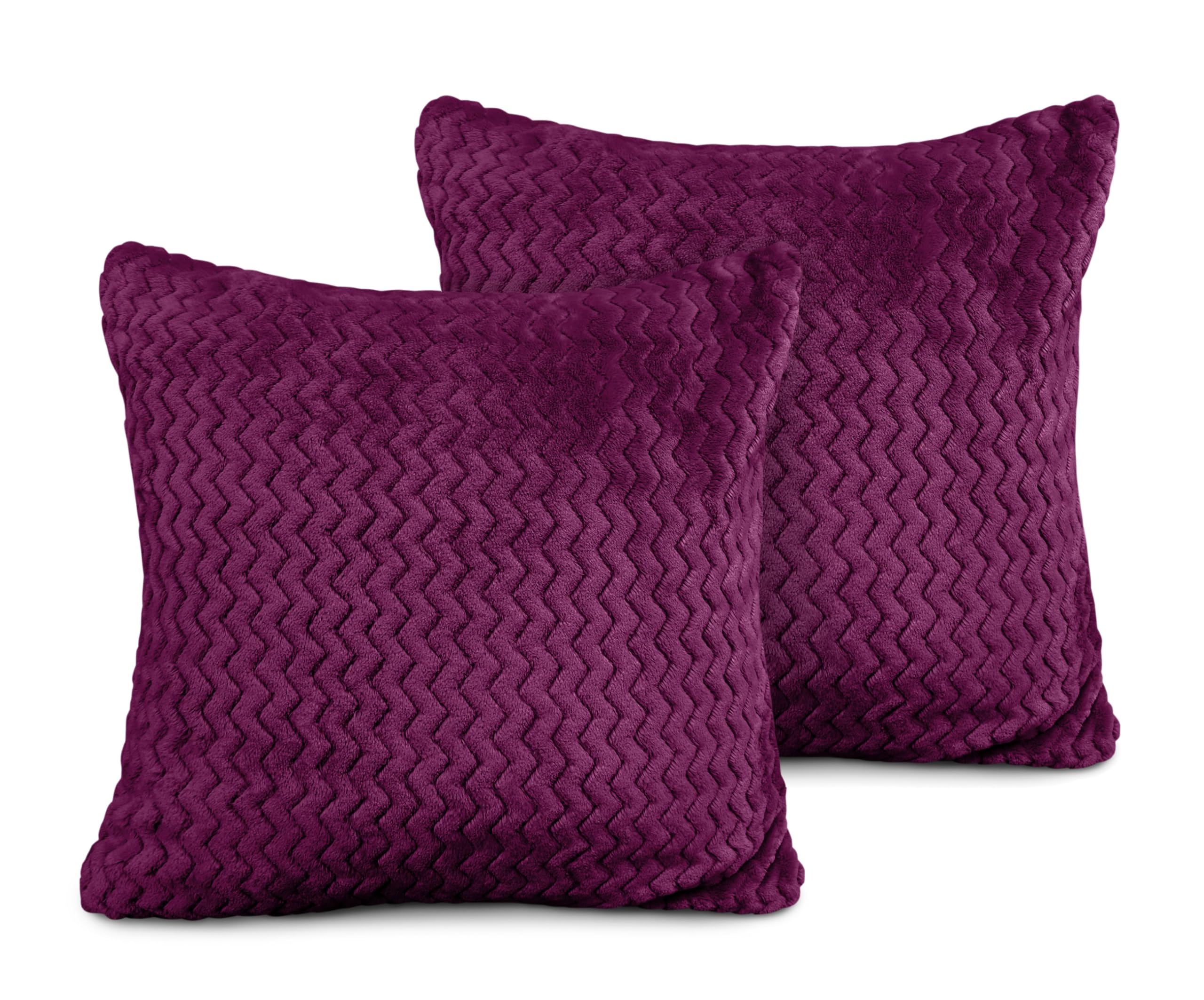 Velosso Pack of 2 Chevron Pattern Cushion Covers with Zip Closing - Soft Polyester Faux Fur Decorative Pillows for Sofa Bed 18x18 with Zip Closing (43x43cms, Aubergine)