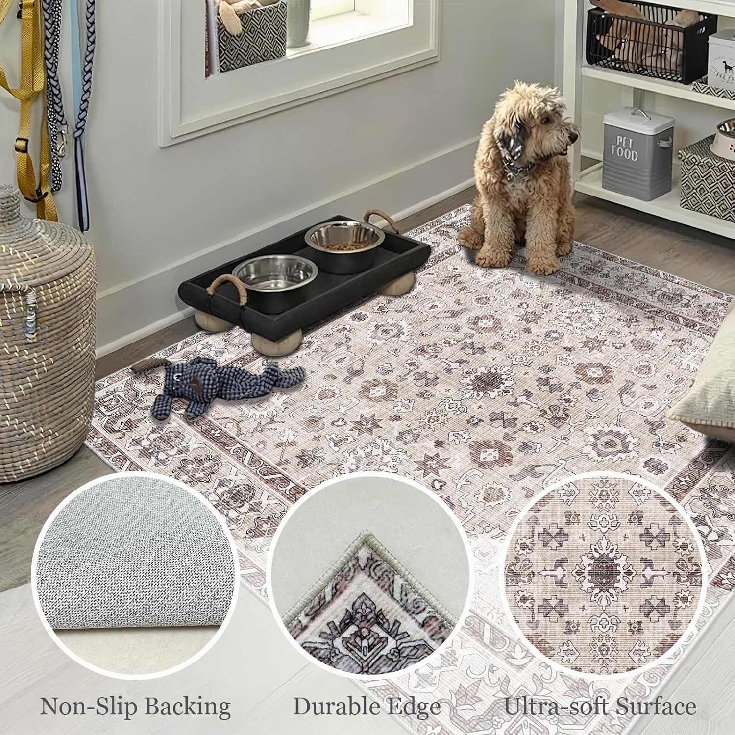 Washable 3x3 Square Rug for Entry Bathroom Kitchen Bedroom Carpet - Non Slip Stain Resistant Low Pile Soft Door mat - Protect Hardwood and Laminate Flooring Floral Farmhouse Decor 3x3 Beige