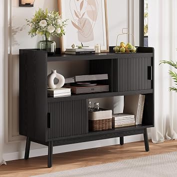 Mid-Century Modern Buffet Sideboard Cabinet with Outlet, 44" Sideboard Buffet Cabinet with Sliding Door & Adjustable Shelves, Fluted Accent Coffee Bar Console Table with Wooden Feet Black