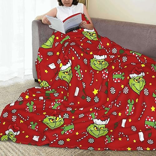 Miniatura 8 de Manta de forro polar de Navidad súper suave, manta de cama cálida de dibujos animados verde Grintch para sofá, silla, cama, sala de estar, divertida