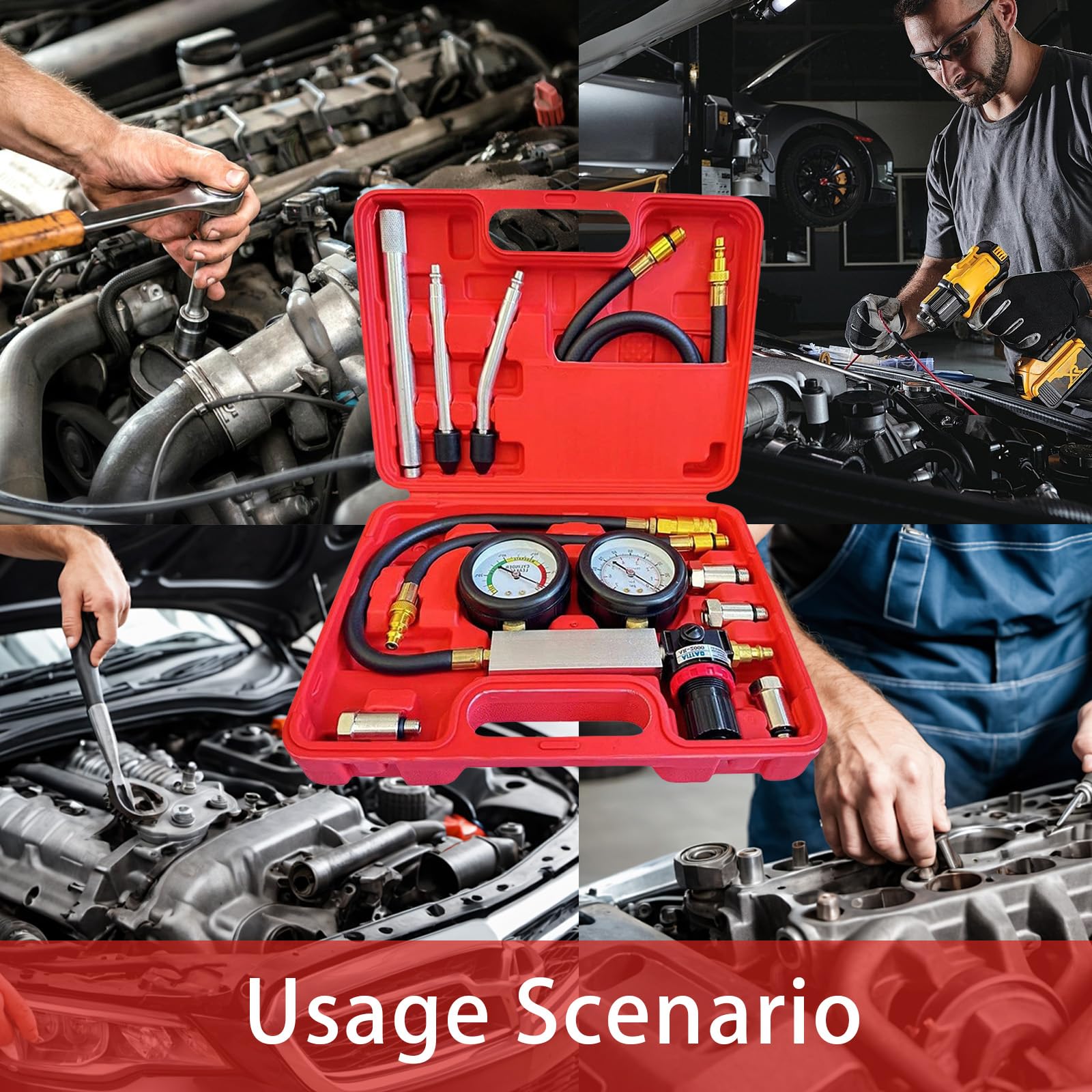 Tester Per Guarnizioni Testate, Tester Per Perdite Cilindri Auto con Doppio Manometro 0-100 PSI e 0-7 Bar e 4 Adattatori Strumenti Diagnostici di Pressione Per Un'ampia Gamma di Tipi di Veicoli