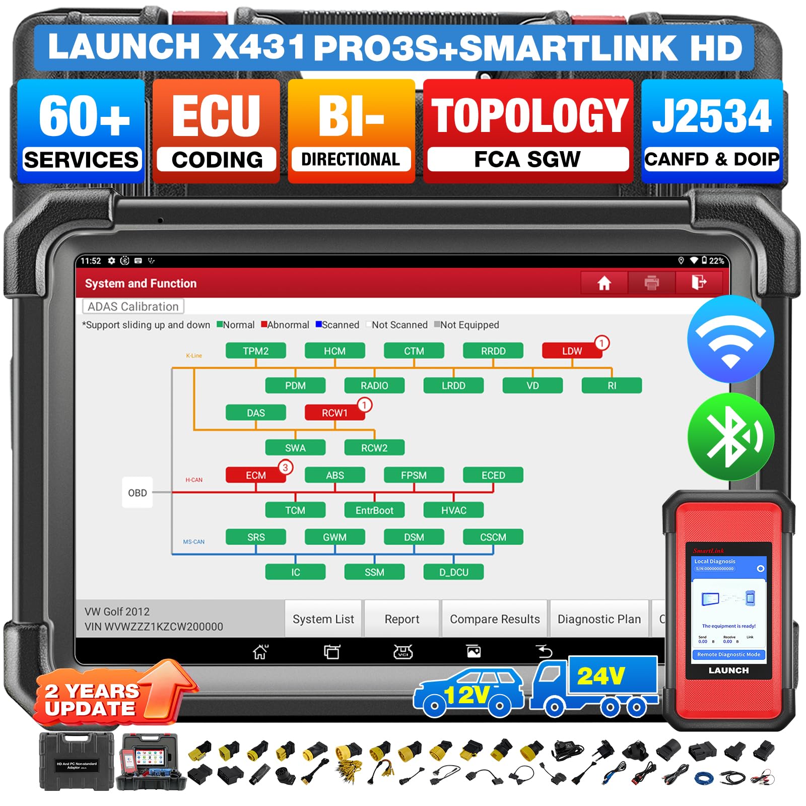 LAUNCH X431 Pro3S+ SMARTLINK HD OBD2 Diagnosegerät für alle Fahrzeuge(12V&24V)ECU-Codierung,OE-Level Alle Systemdiagnosen,60+Servicefunktionen,Topologie-Mapping,Bidirektionale Steuerung,2 Jahre Update