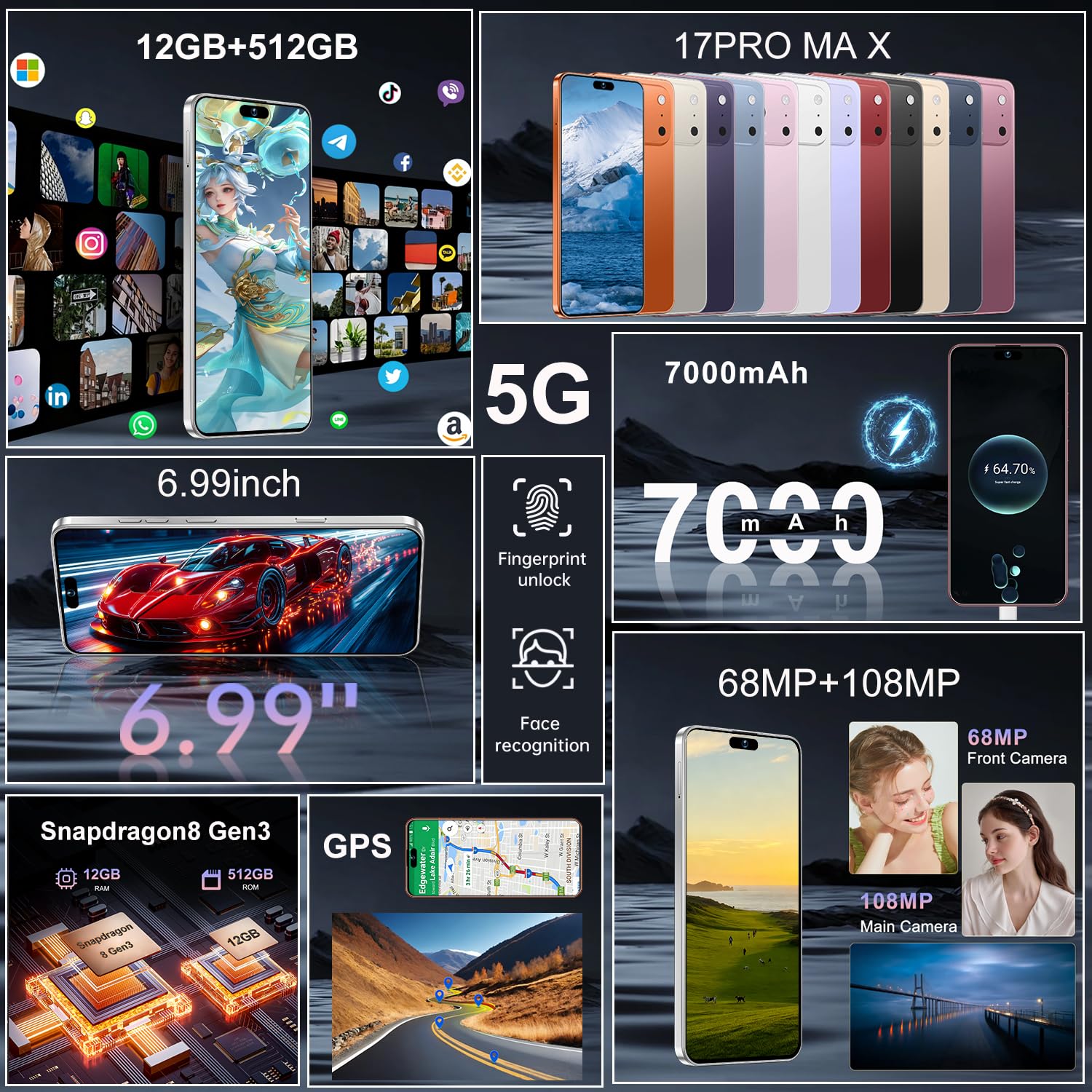 17PROMA X Smartphone: Snapdragon 8 Gen 3, 12GB RAM + 512GB Storage, 7000mAh Battery, 6.99-inch Display, 68MP+108MP Camera, Android 15, 5G, Dual SIM - Superior OS Outperforms Competitors (Pink)