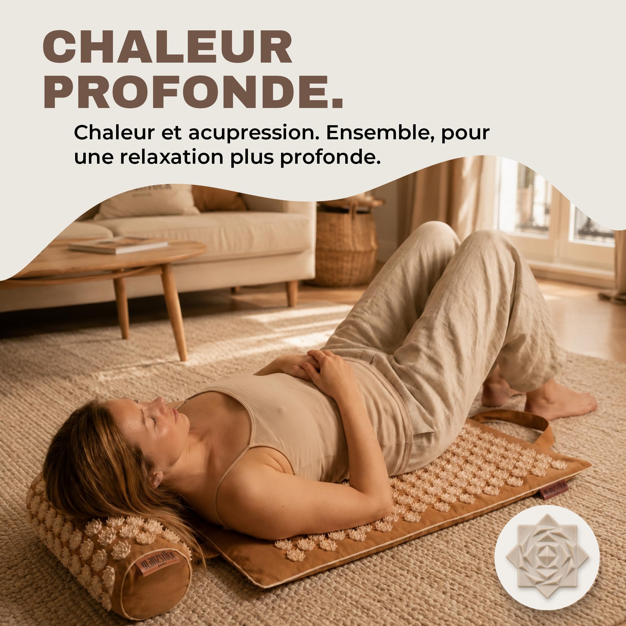 Glanzstück Berlin® Tapis d'acupression chauffant – Hot Edition avec fonction de chaleur et 4 niveaux de chaleur, kit avec traversin de nuque, 6 850 pointes de fleurs pour le dos et le cou | 72 × 42 cm
