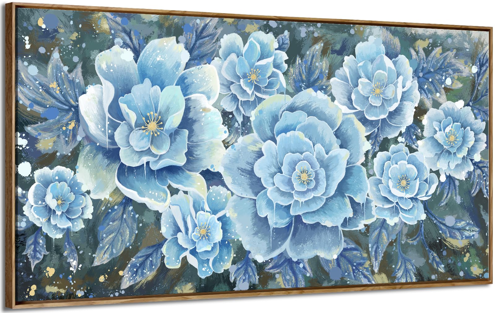 Photo 1 of Large Blue Wall Art Decor Modern Framed Wall Picture for Living Room Bedroom Office Decor Floral Canvas Art Prints Botanical Wall Picture Abstract Peony Flower Horizontal Artwork Ready to Hang 48x24