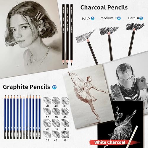Miniatura 5 de CwhaleCblu Paquete de 82 suministros de arte de dibujo, kit de bocetos con libro de bocetos de 3 colores, grafito, carbón, acuarela y lápiz