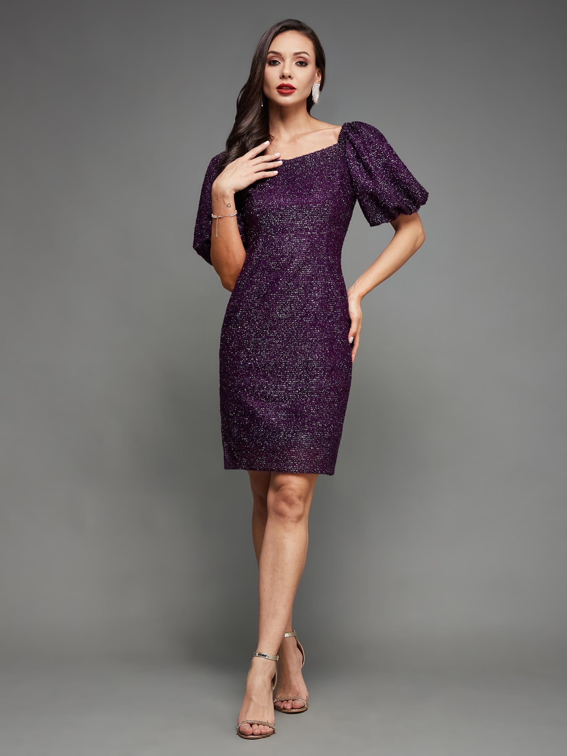 Miss Chase Women's Square Neck Half Sleeve Self Design Bodycon Mini Polyester Dress (Mcss23D98-55-289-05, Dark Purple, L)