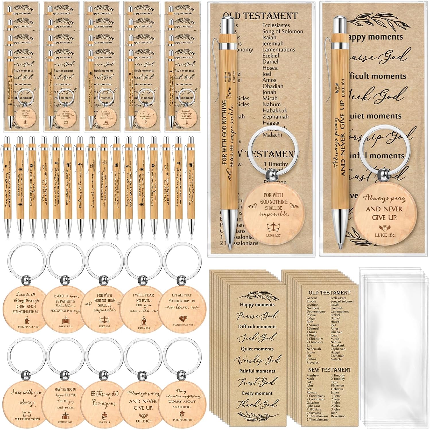 Lincia 30 Sets Christian Mother's Day Birthday Gifts Bulk with Bible Verse Bookmarks, Bamboo Pens Keychains Religious Inspirational Gifts for Church, Sunday School, Pastor, Teacher Graduation