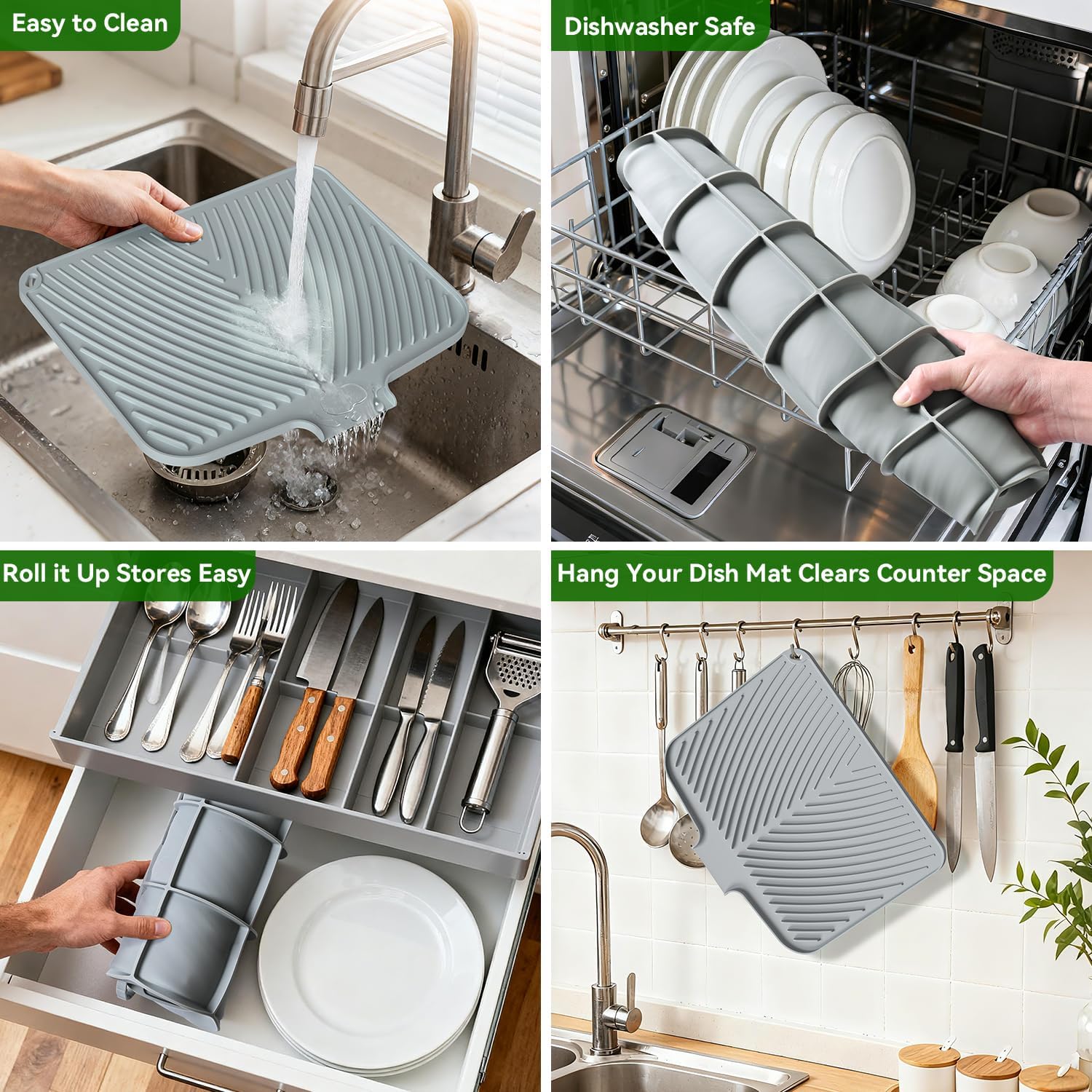 Belife Dish Drying Mat for Kitchen Counter, Silicone Dish Drainers Pad, Non-Slip Under Sink Dish Drying Rack, Heat Resistant Small Stone Drying Board (17" x 14.5",Gray)