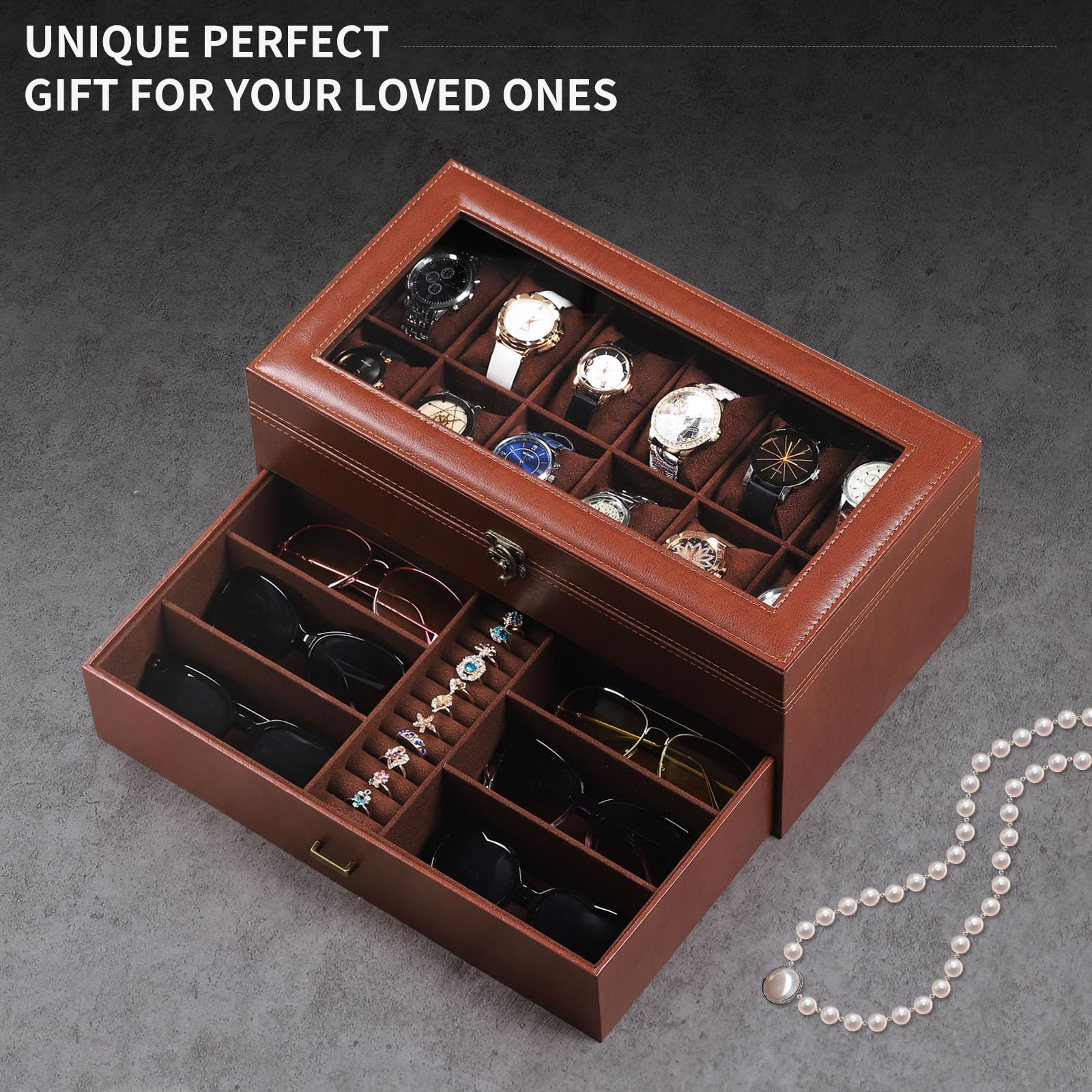 AUTOARK Caja de cuero y terciopelo para 12 relojes y organizador de lentes de sol de 6 piezas, 2 capas con 1 cajón, con cerradura, parte superior de cristal grande, MKAW041