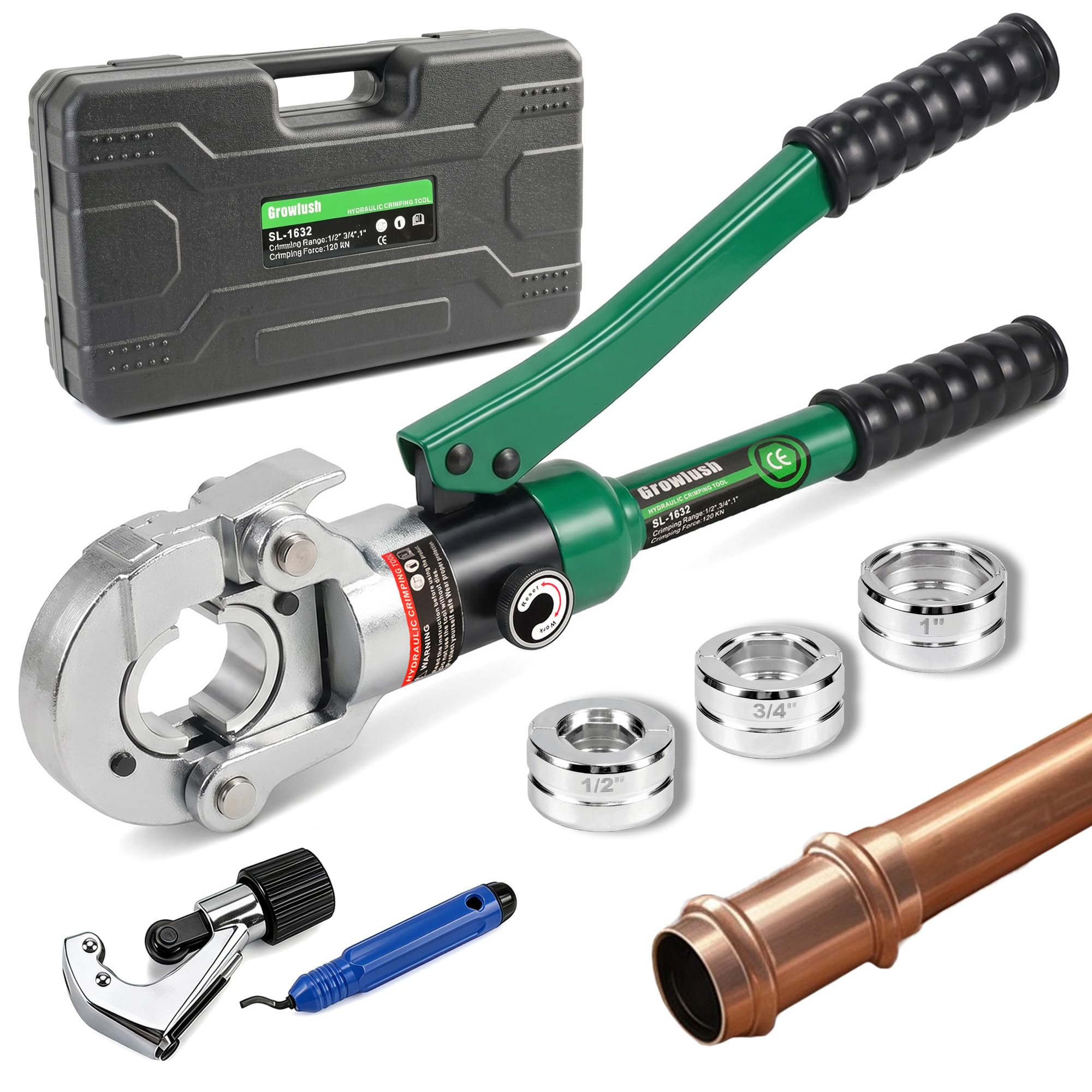 Growlush Copper Pipe Crimping Tool, Hydraulic Driven Press Tool with 1/2", 3/4", 1" Jaws, Copper Tube Fittings Pipe Crimpers for Narrow Spaces