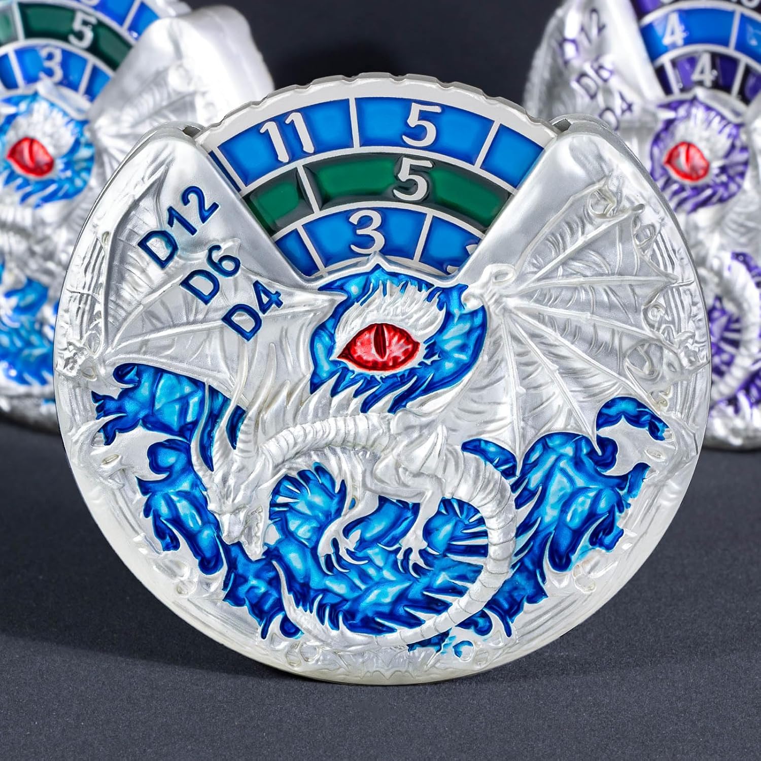 OUKELANWO Dragon 7 in 1 Spinner D&D Dice, Dungeon DND Dice Set with Gift Box, Cool Roulette Metal Dice for Role Playing Game, Blue