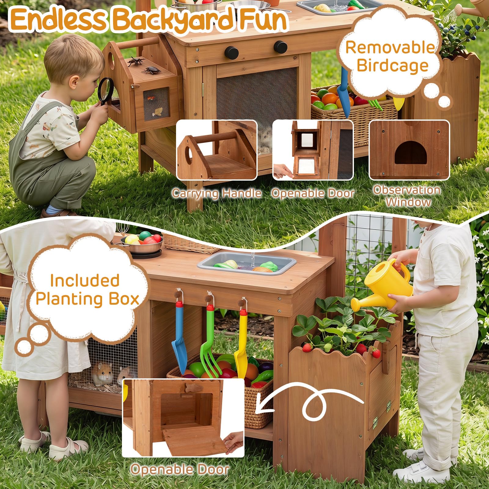 HOMASIS Cucina Giocattolo da Esterno per Bambini 3+ Anni, Cucinetta in Legno Massello con Gabbia, Vano Allevamento, Fioriera, Lavagna, Contenitore e Accessori, Chef Gioco Montessori per Sabbia e Acqua
