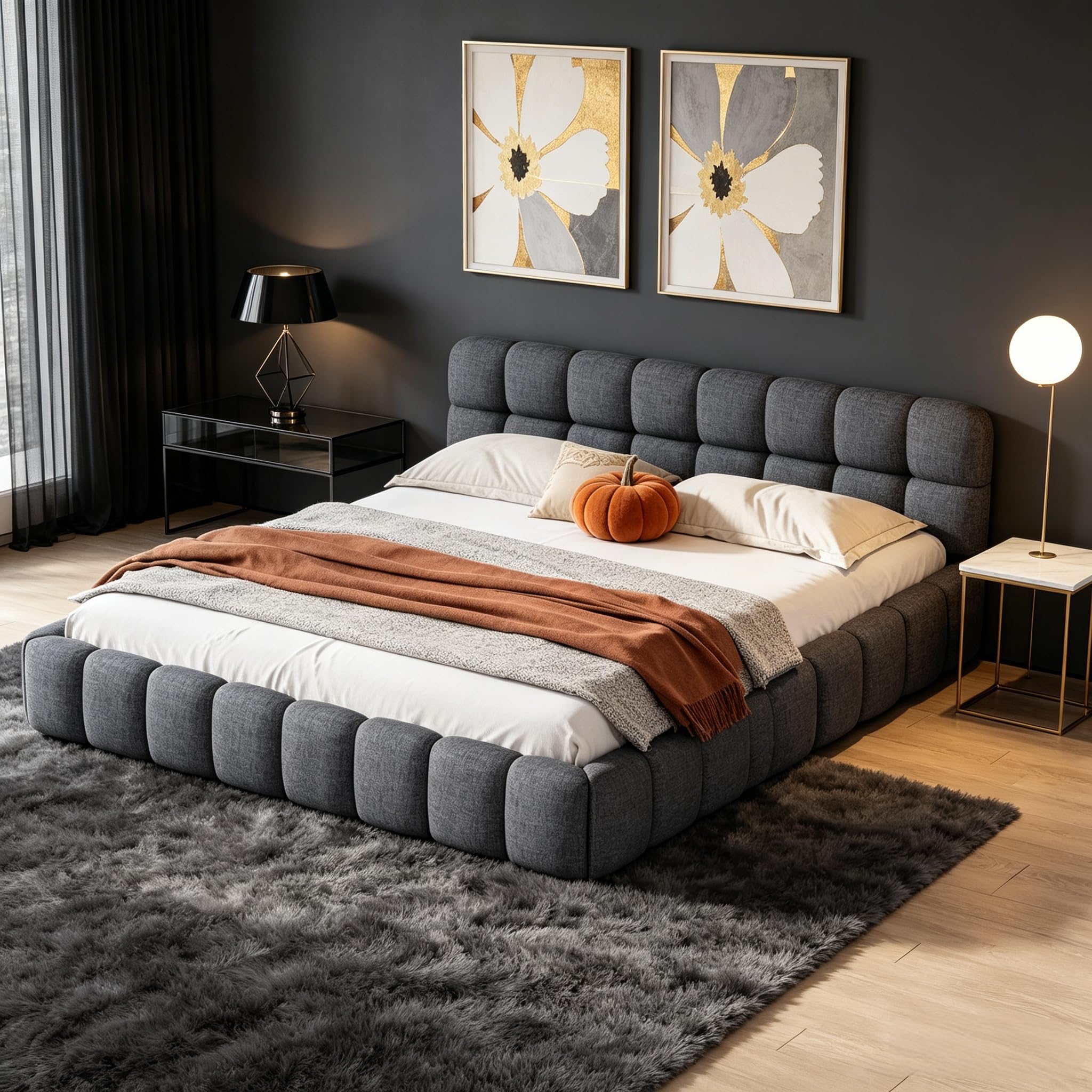 Lit double capitonné 140x190, lit Bubble avec sommier à lattes, tête de lit rembourrée, lit double élégant, idéal pour les chambres d'adolescents et les chambres d'hôtes (Lin gris, sans matelas)