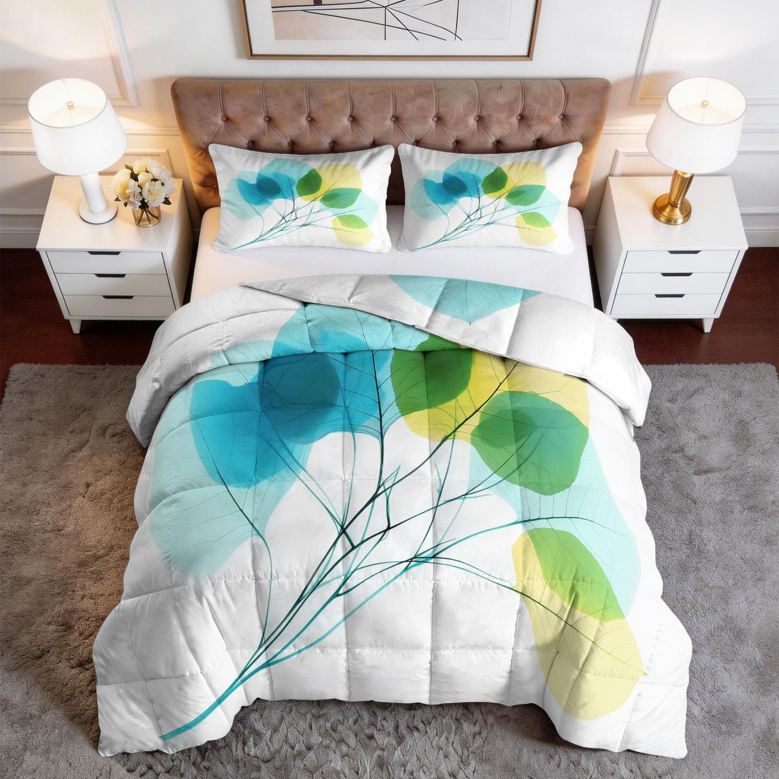 Couette 240 x 220 cm motifs botaniques avec 2 taies d'oreiller