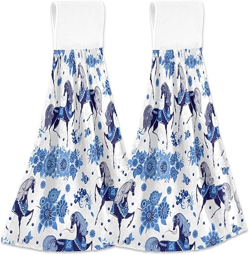 Miniatura 2 de Juego de 2 toallas de cocina colgantes con diseño floral de caballo azul, suaves, absorbentes, toallas de mano de terciopelo coral, toallas de mano
