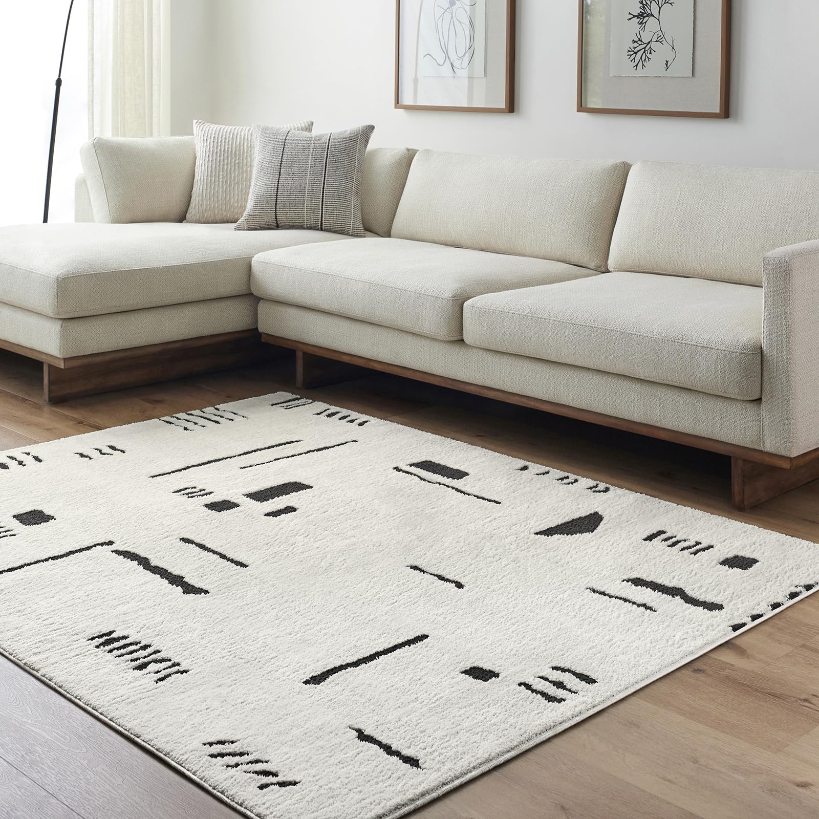 Livabliss Freud-Modern Ivory Black High Pile Living Dining Bedroom Rug 160 X 213 Cm Easy CareNon Shedding from B&Q