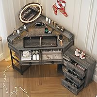 Vista 12 de Escritorio de tocador con luces y espejo deslizante, escritorio de maquillaje con estación de carga, tocador con taburete, juego de tocador LED