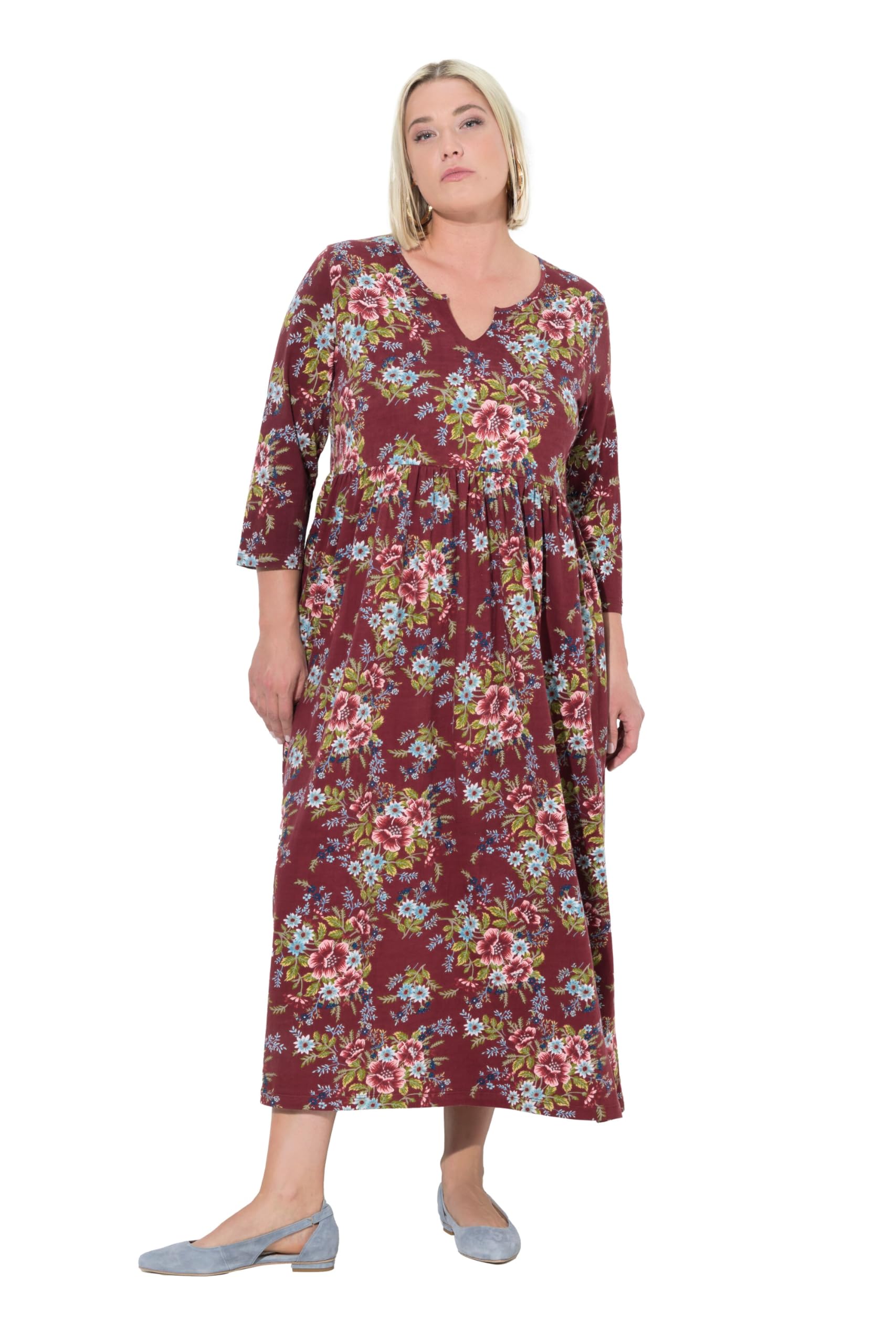 Ulla Popken Damen große Größen Übergrößen Plus Size Jersey-Maxikleid, Blüten, A-Linie, Tunika-Ausschnitt, 3/4-Arm 842554