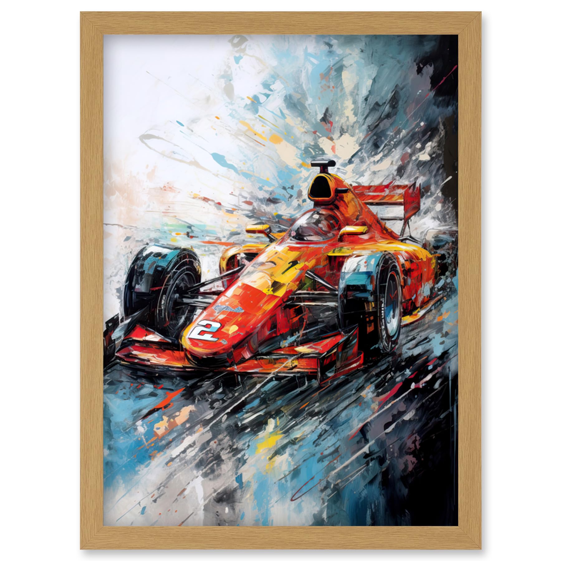 Artery8 Orange Race Car Grand Prix Action Shot Painting Artwork Framed Wall Art Print A4