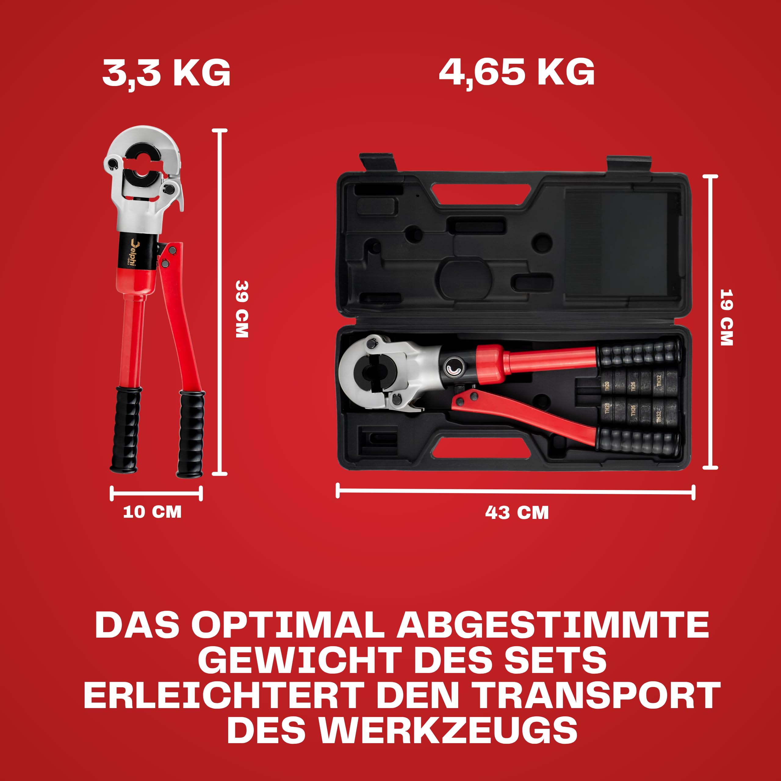 Delphi Presszange TH Verbundrohr 16-20-26-32mm (360° Kopf, 8T Druck) plus Schutzhandschuhe - Hydraulische Presszange Kupferrohr, Aluminiumrohre, PEX-Rohre, PB-Rohre, Kupferrohr-Fittings