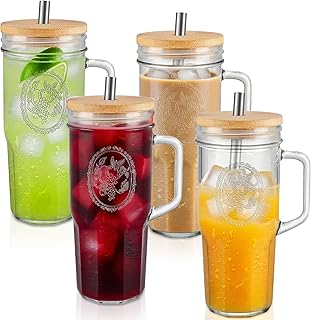 24 oz Glass Cups With Handle - 4 Pack Glasses Drinking Set with Leakproof Bamboo Lids & Metal Straws, Double-Sided Fruit Print, Wide Mouth Kitchen Glasses Tumblers for Iced Coffee, Juice and Smoothie