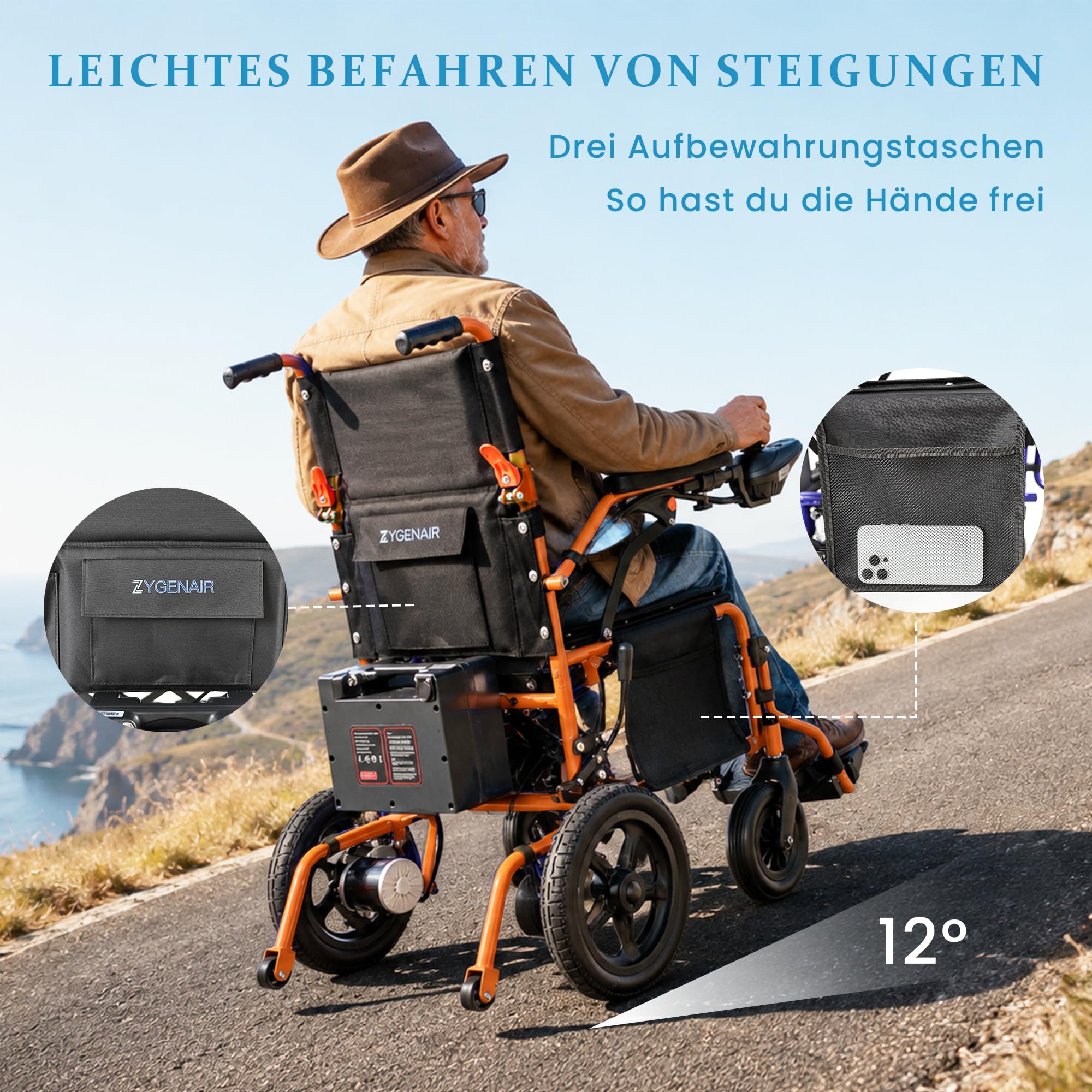 Sedia a rotelle elettrica pieghevole, 50 cm, leggera, 23 kg