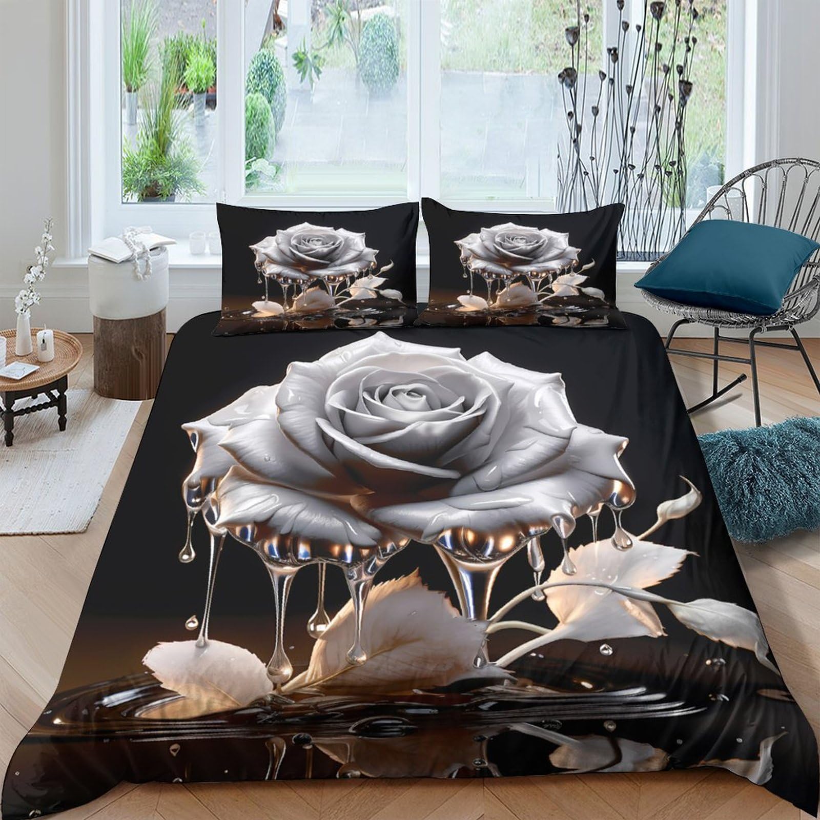 Ctjqhvkz Style-8 3D Printed Silver Rose Fitted Sheet Microfiber Soft Bedroom Decor Dripping Petal Mattress Cover For Home Dorm Single（135X200cm）