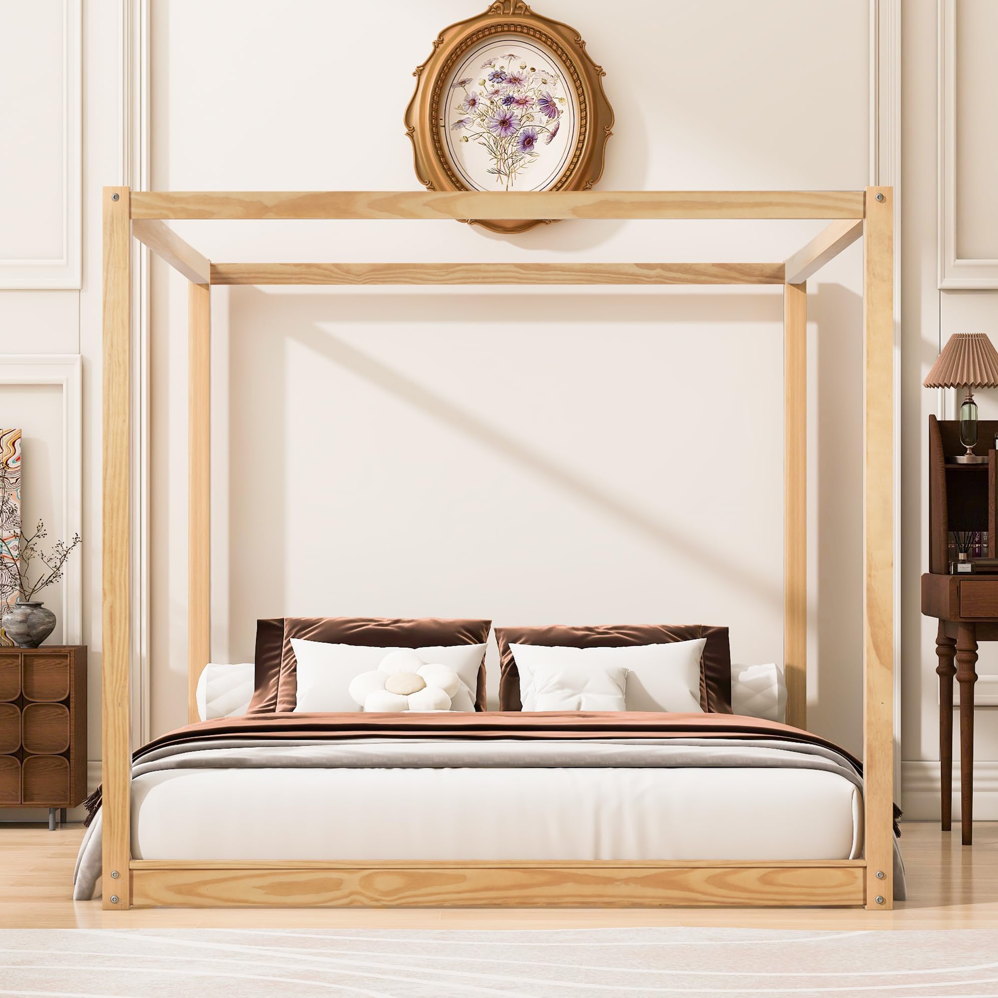 - Harper & Bright Designs King Size Canopy Bed with 4 Posters, Wood Canopy Floor Bed Frame for Bedroom, Guest Room, Wooden Slats Support, No Box Spring Needed,Natural