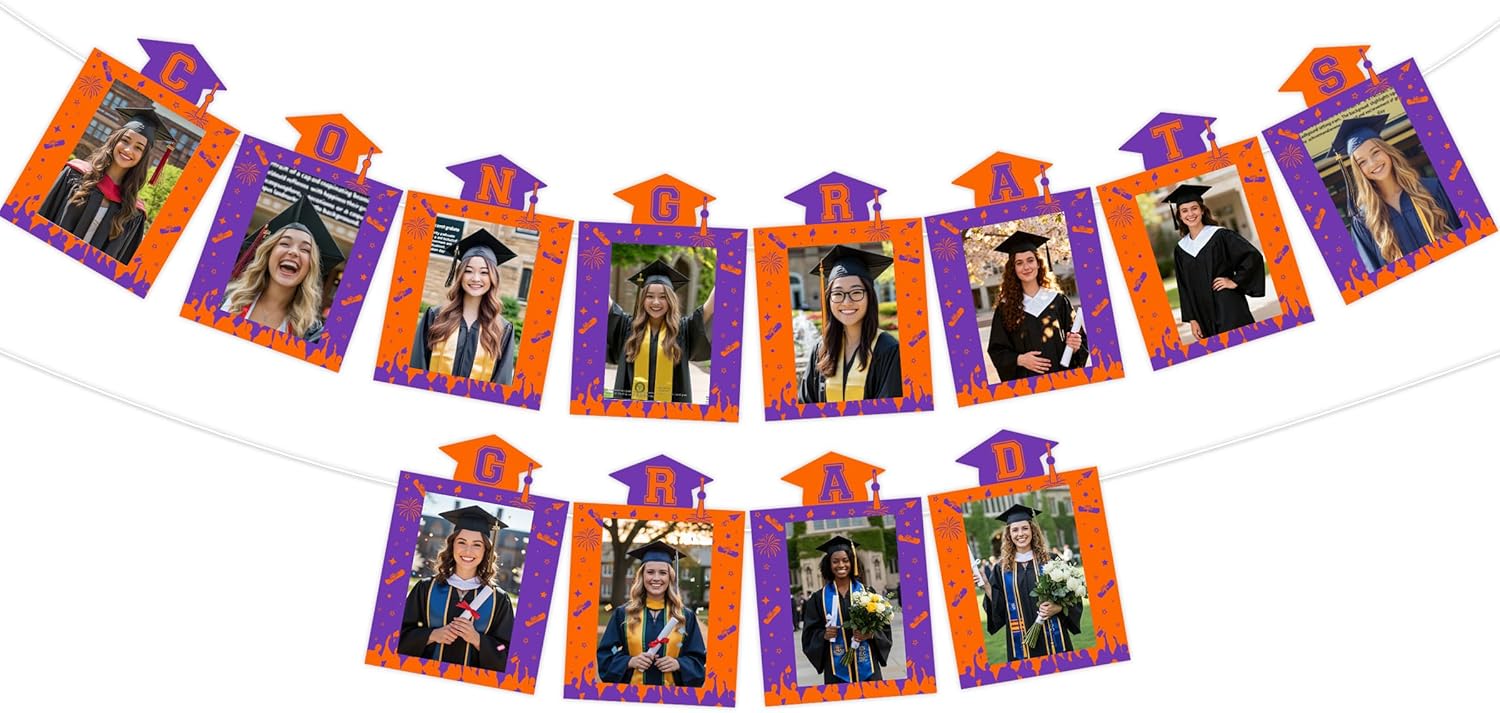 Orange Purple Graduation Photo Banner Congrats Grad Photo Cards Banner Fireworks Bachelor Cap DIY Picture Hanging Decor Grad Photos Props for Girls Boys Graduation Party Supplies