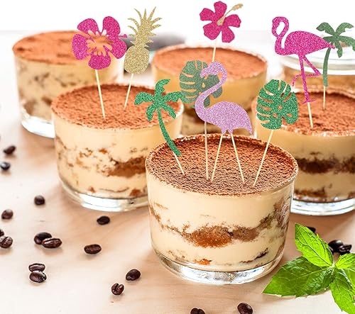 Miniatura 5 de 50 piezas tropicales hawaianas Luau Cupcake Toppers con purpurina Hawaii Cake Cocktail Palillo de dientes flamenco piña hibisco flores hojas de