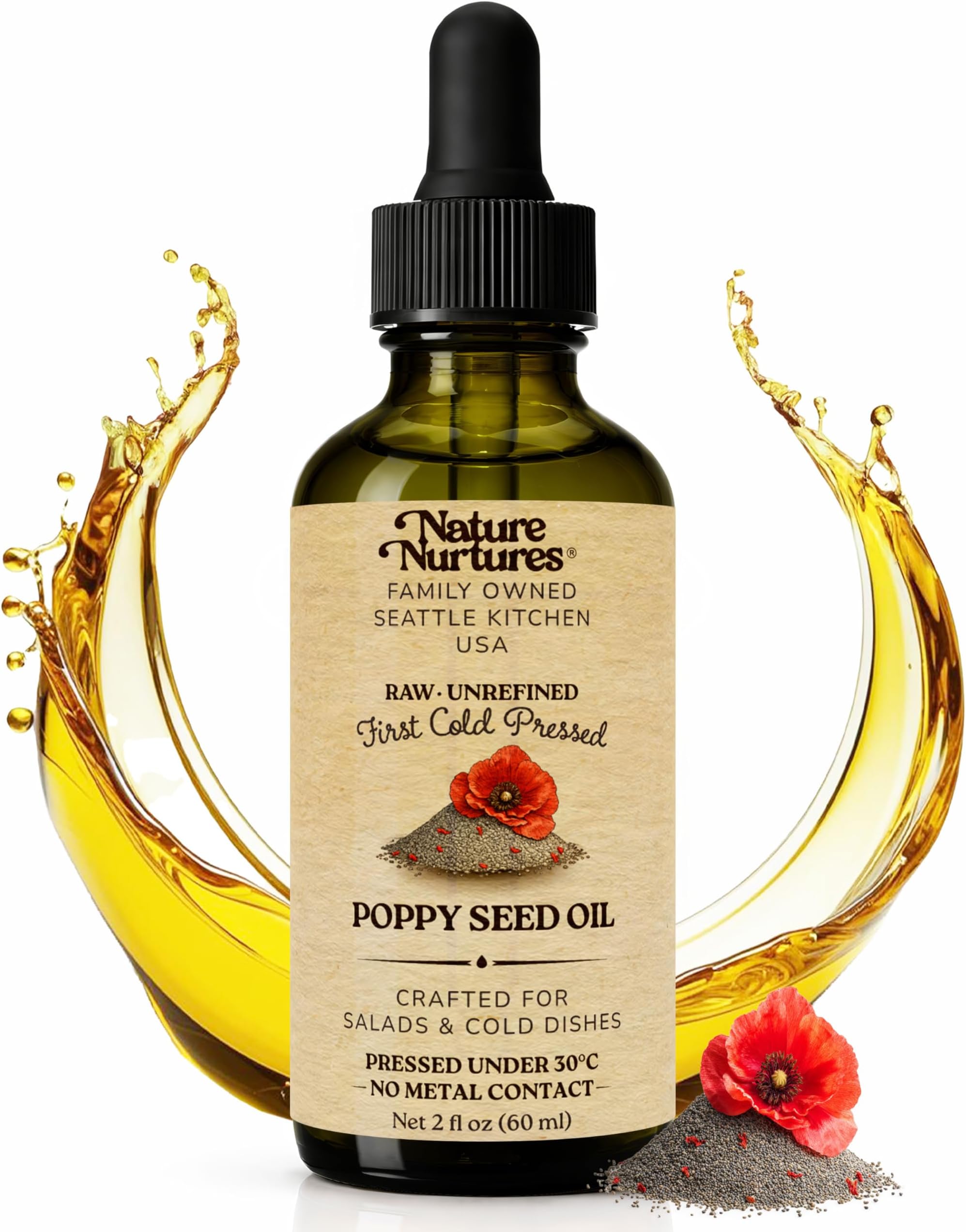 Poppy Seed Oil for Cooking, Salads, Dressings and Drizzling · Raw · Unrefined · First Cold-Pressed Below 30°C · Pressed Only Once · Without Metal or Wood Contact · Small Batch · Handcrafted in Seattle USA · For Traditional Kitchen and Clean Eating · Gourmet Food Gift · 100% Pure & Natural · Also Loved for Skin and Hair · 2 fl oz (60 ml)
