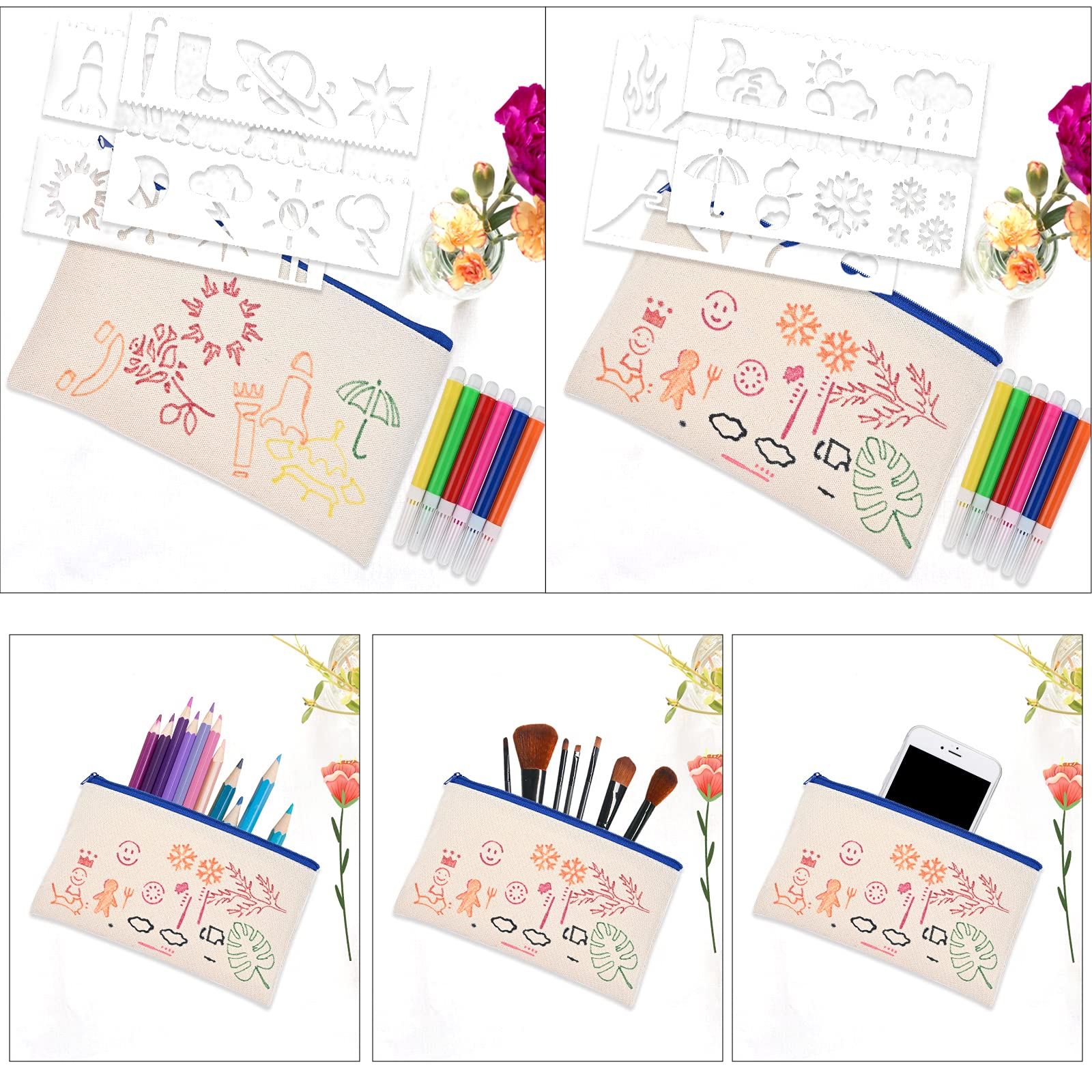 Cieex Trousse à Décorer 15 Pièces Pochette Tissu Zippée Personnalisable