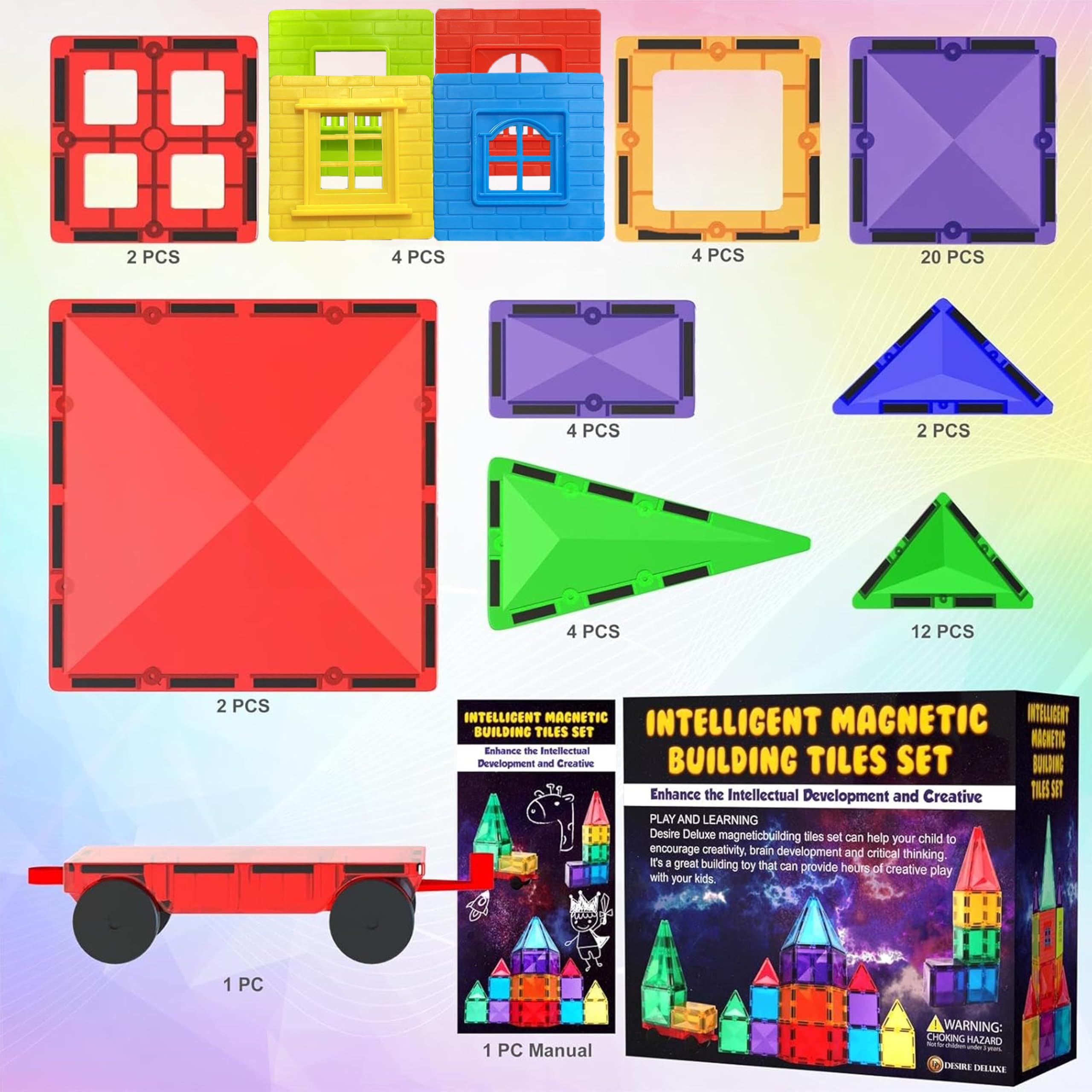 Desire Deluxe Set tessere magnetiche - Gioco Educativo per bambini e bambine - Età 3 4 5 6 7 anni - Impara con le costruzioni - 57 pz