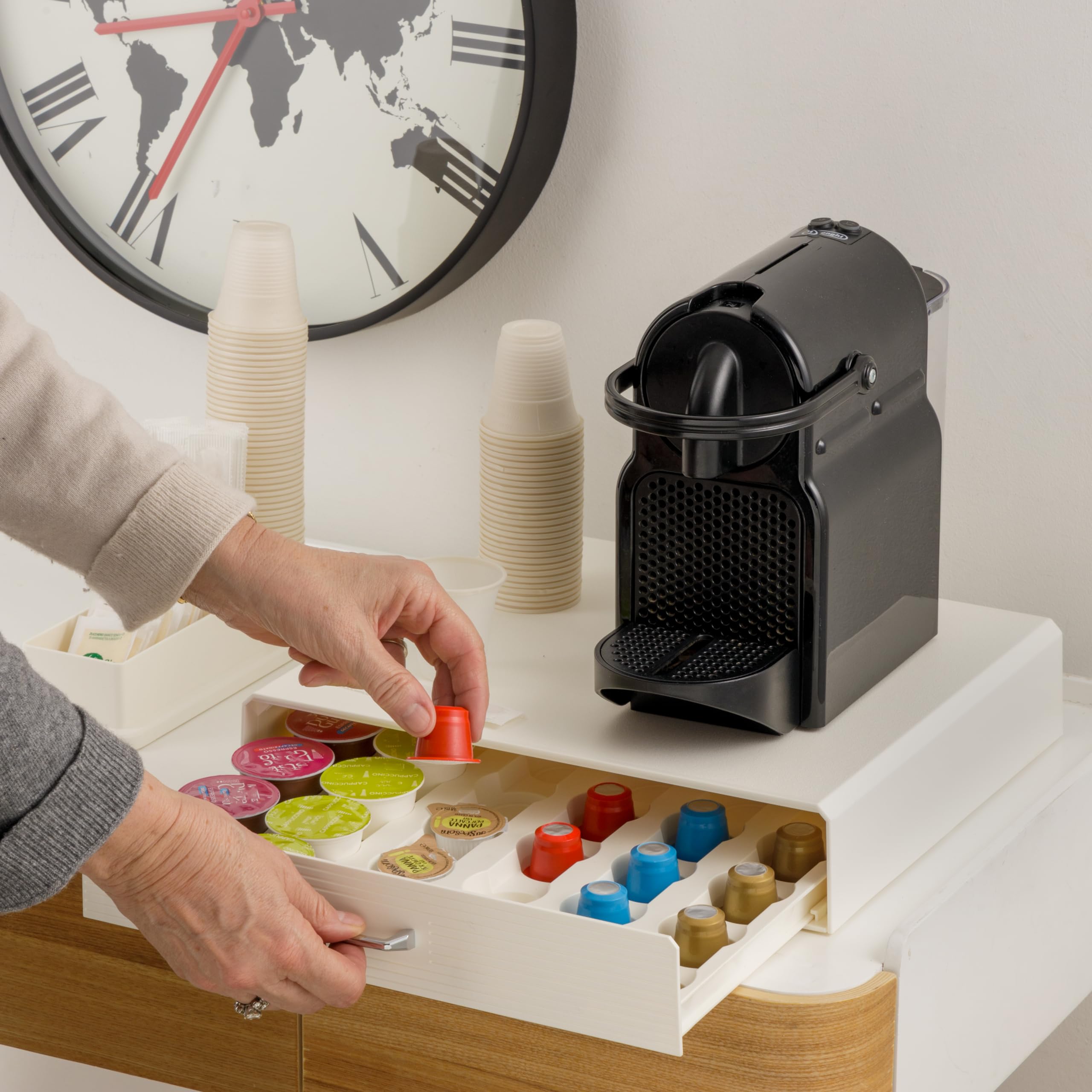 Baroni Home Cassetto porta cialde caffè, Organizer Porta Capsule Universale, capacità 30 capsule, Design Compatto in Plastica Resistente, 1 Cassetto, 34X6X34 cm, Bianco