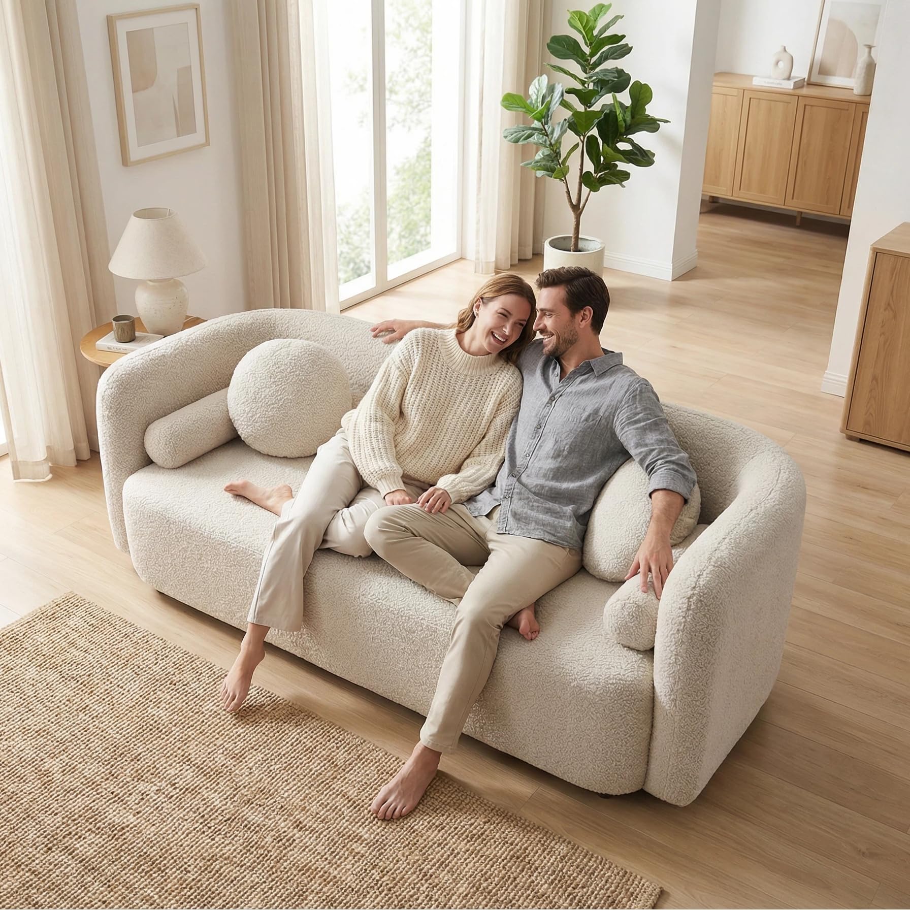 69.29" Beige Modern Curved Sofa Couch, Japandi Style Boucle Sofas, Minimalist Comfy Couches for Living Room Apartment Boucle Teddy Fabric Solid Wood Frame with 2 Pillows and Cushions