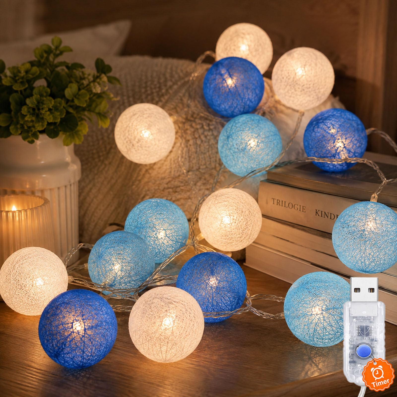 USB Fairy Lights Cotton Balls with Timer, 1.5 m, 10 LED Balls, Fairy Lights