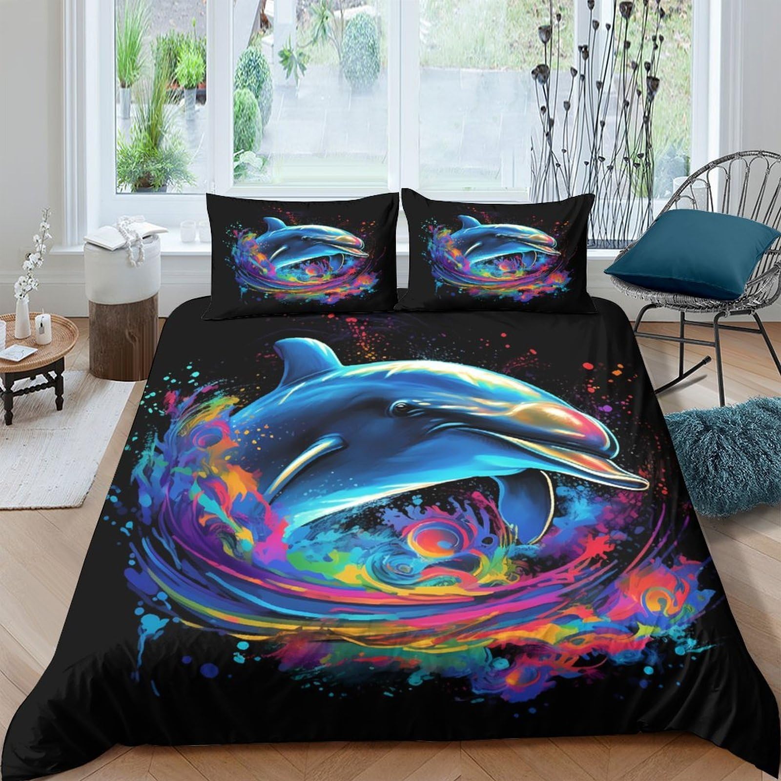Ctjqhvkz Style-2 3D Printed Vibrant Dolphin Fitted Sheet Microfiber Soft Bed Sheet Splash Art Mattress Cover For Bedroom Dorm Decor Single（135X200cm）