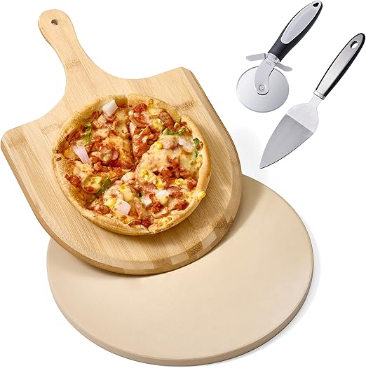 13 Inch Cordierite Pizza Stone 4-Piece Set for Oven & Grill - Round Baking Stone with Wooden Peel, Roller Cutter & Mini Cake Shovel