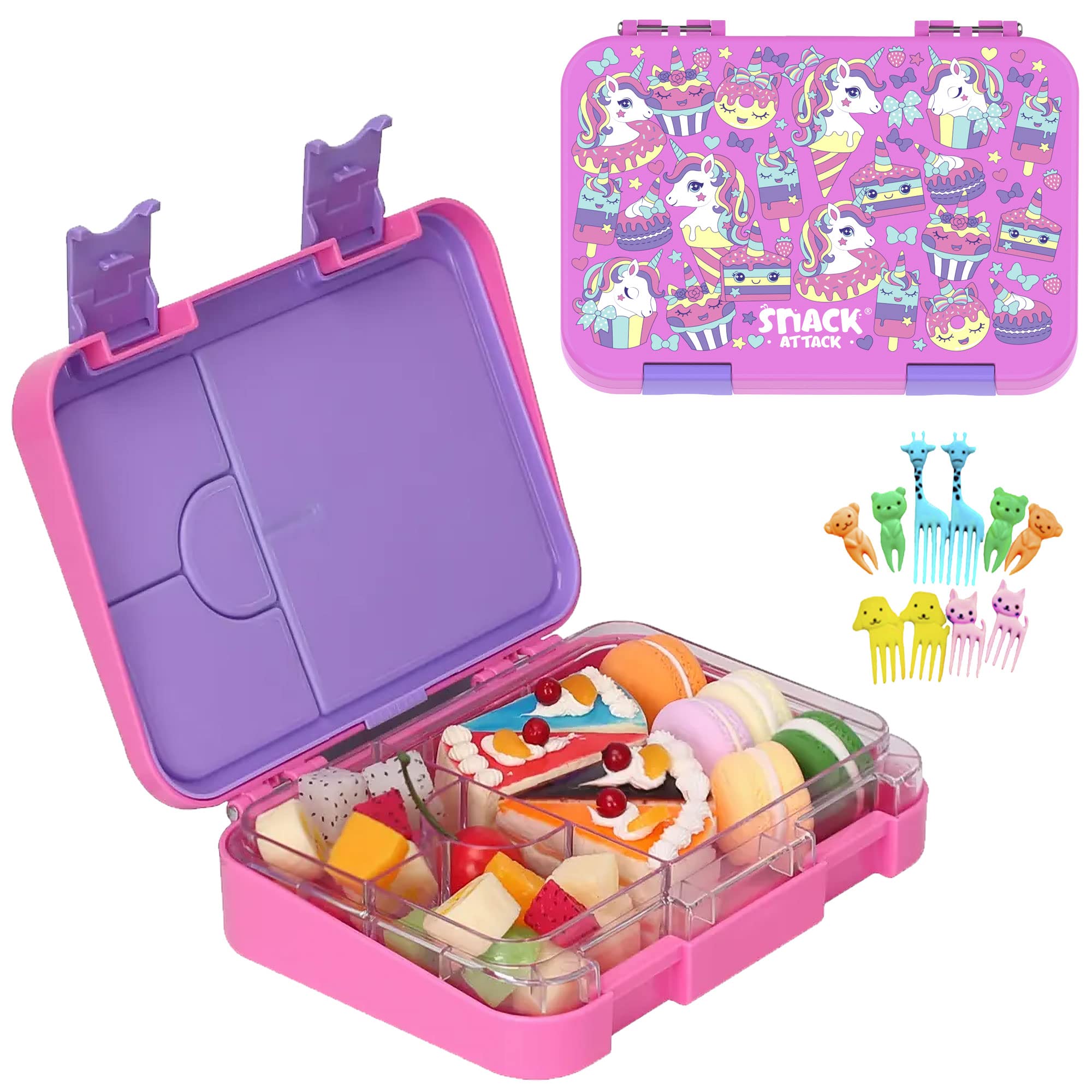 Snack Attack TM Bento Lunch Box for kids Pink Unicorn Color for Kids| 4or6 Convertible Compartments BPA FREE LEAKPROOF Dishwasher Safe Back to School Season for children Boys Girls Toddlers Morocco Pink