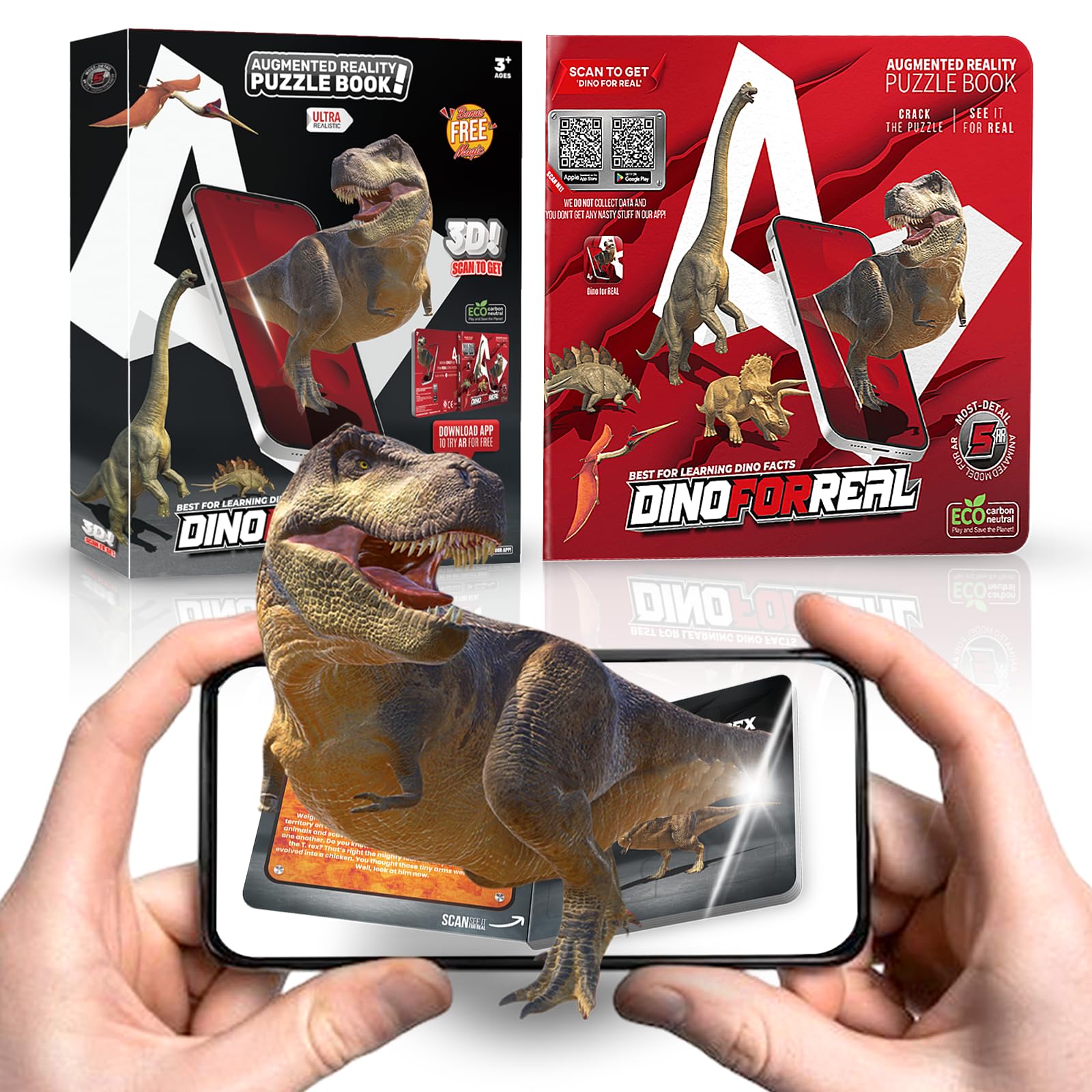 5in1 3D Dinosaur Augmented Reality Puzzle Book with Free Interactive App, Ideal Dinosaur Toys for Kids 3+, Educational Toddler Puzzles for Home and Classroom Use, Best to Learn Dino Facts
