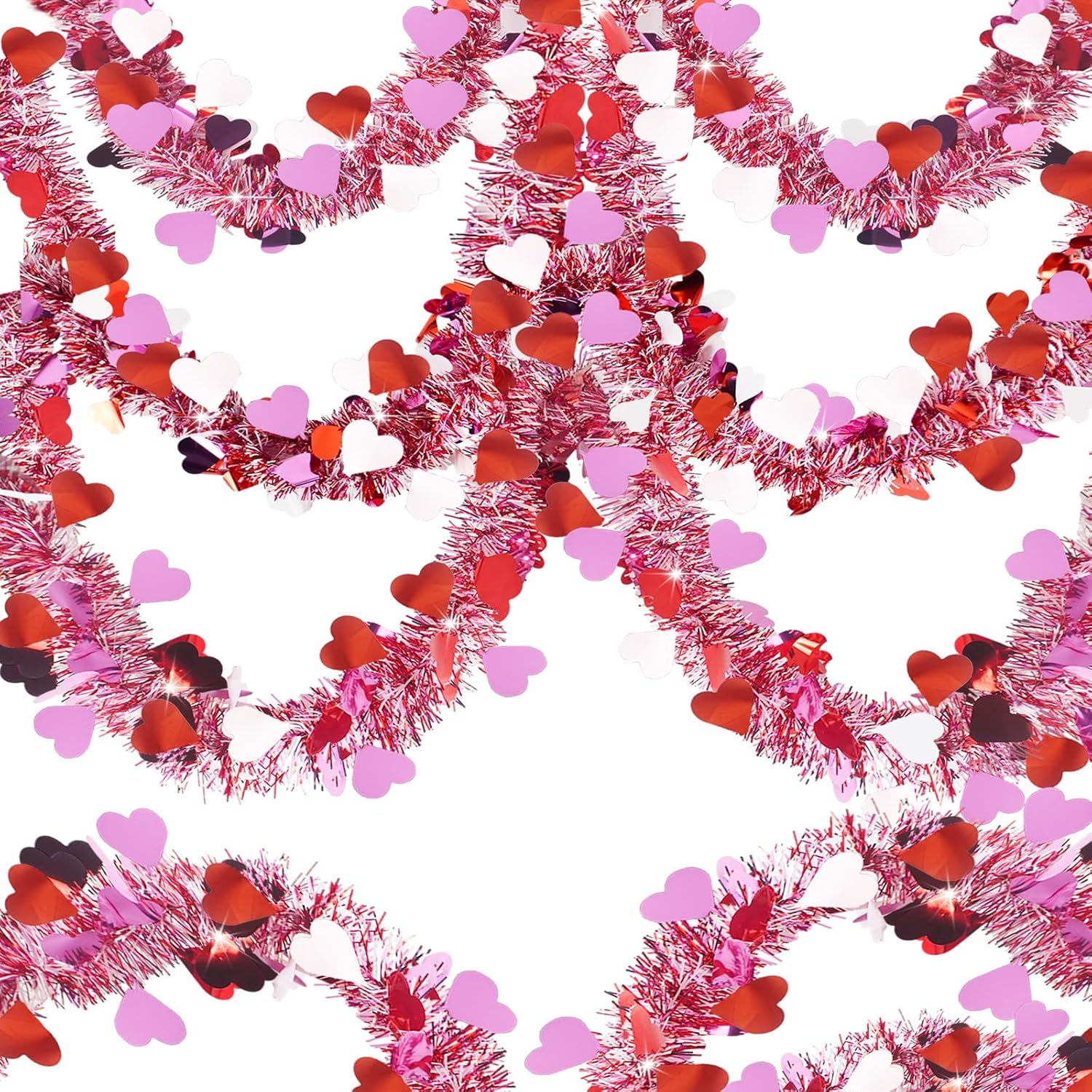196 FT Valentines Heart Tinsel Garland, Valentine's Day Red Pink White Metallic Twist Garland for Home Wedding Party Hanging Decorations