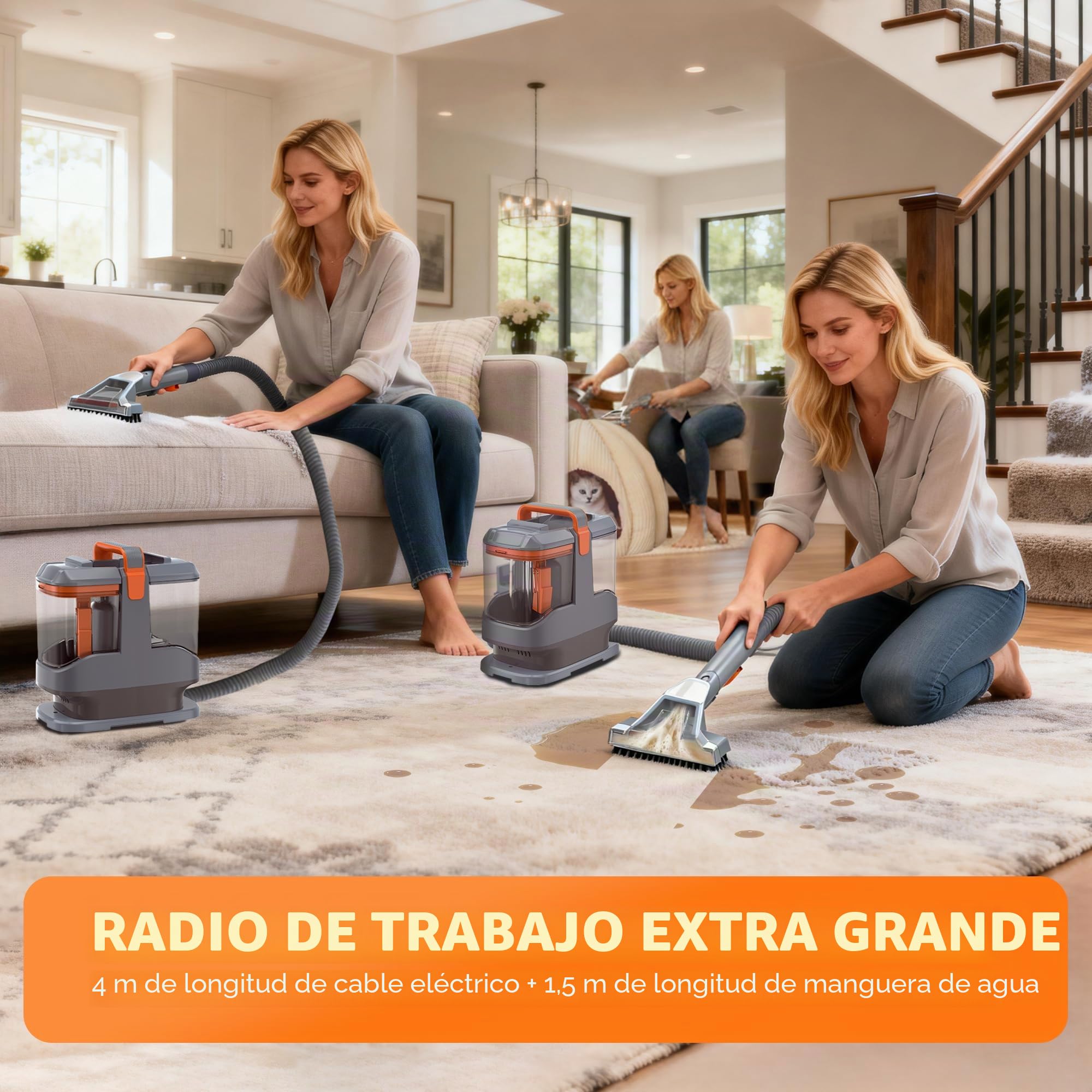 Limpiador de Tapicerías 450W 13kPa, Aspiradora de Agua para Tapicería y Sofá, Máquina para Limpiar Sofás, Alfombras y Colchones, con 3 Cepillos y Doble Depósito Autolimpiable, Portátil 2,6kg