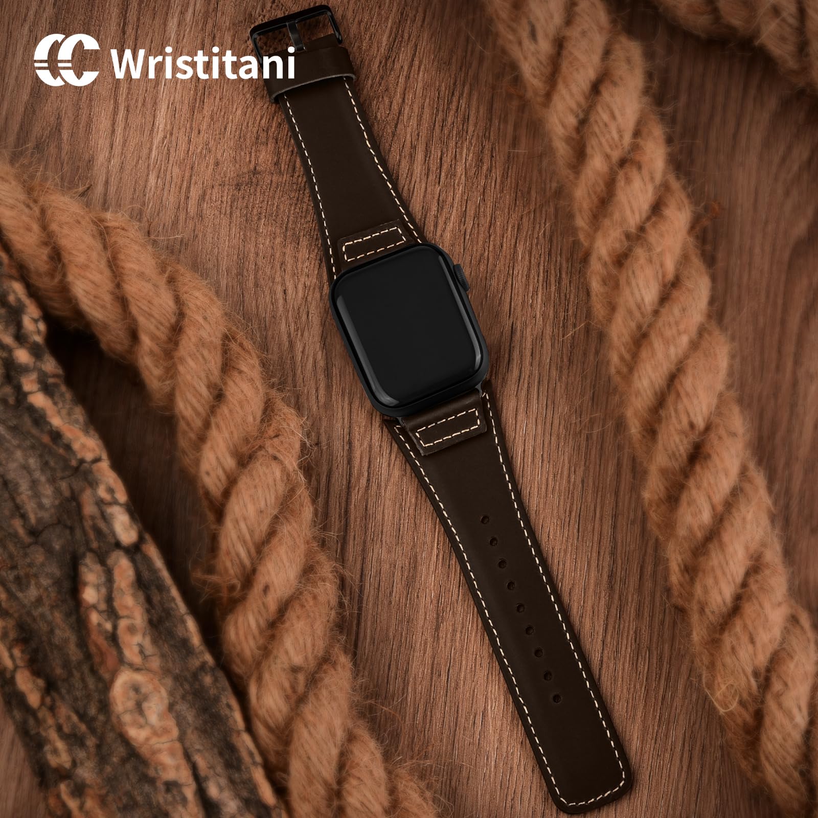 Wristitani Leather Strap Compatible With Apple Watch Straps 44mm 45mm 46mm 49mm for Men Replacement Band for iWatch Ultra 3/2/1 Series 11 10 9 8 7 SE3 SE2 SE 6 5 4 3 2 1,Dark coffee/Black Buckle - Image 3